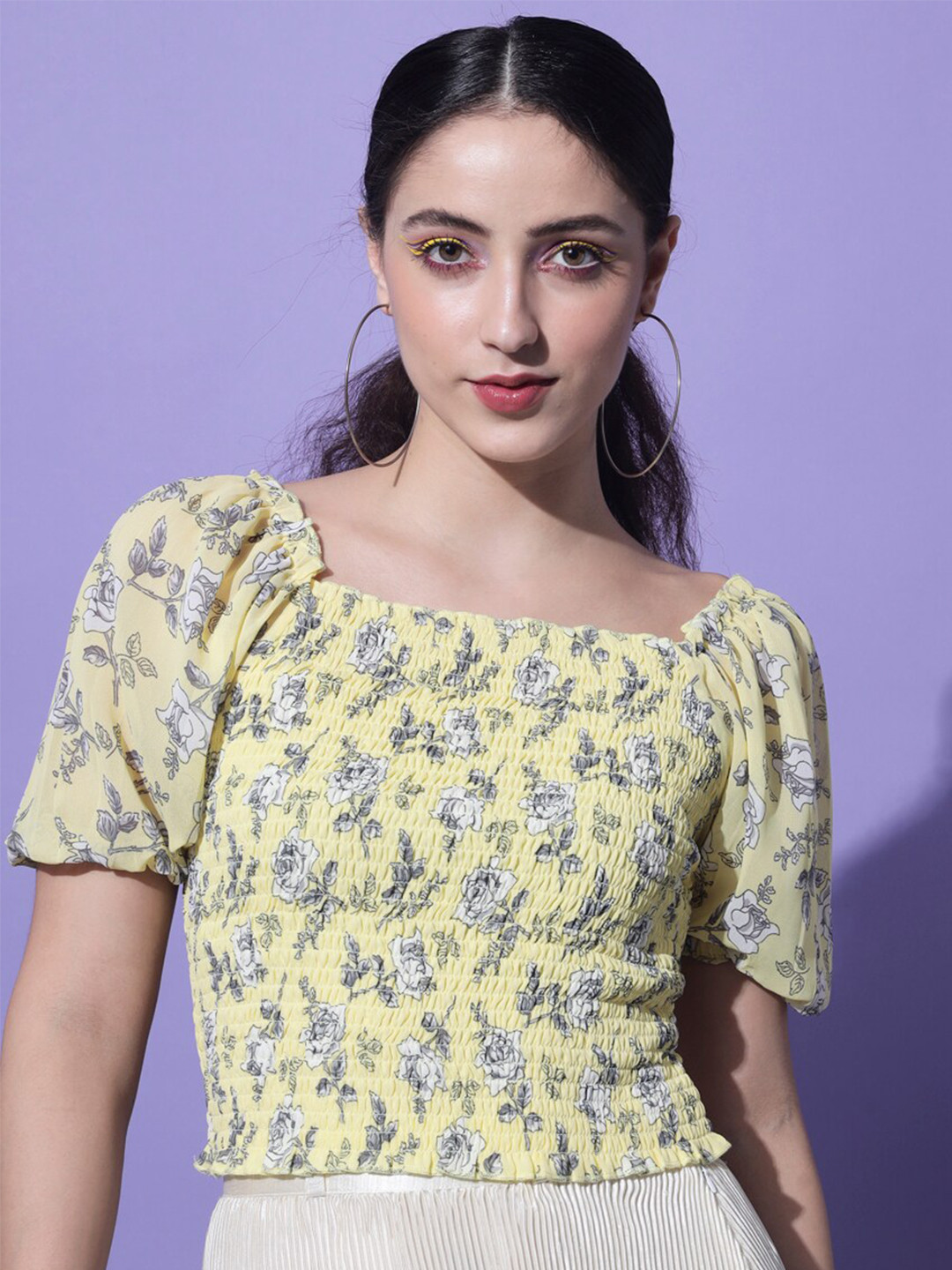 Slenor Yellow Floral Printed Crop Top