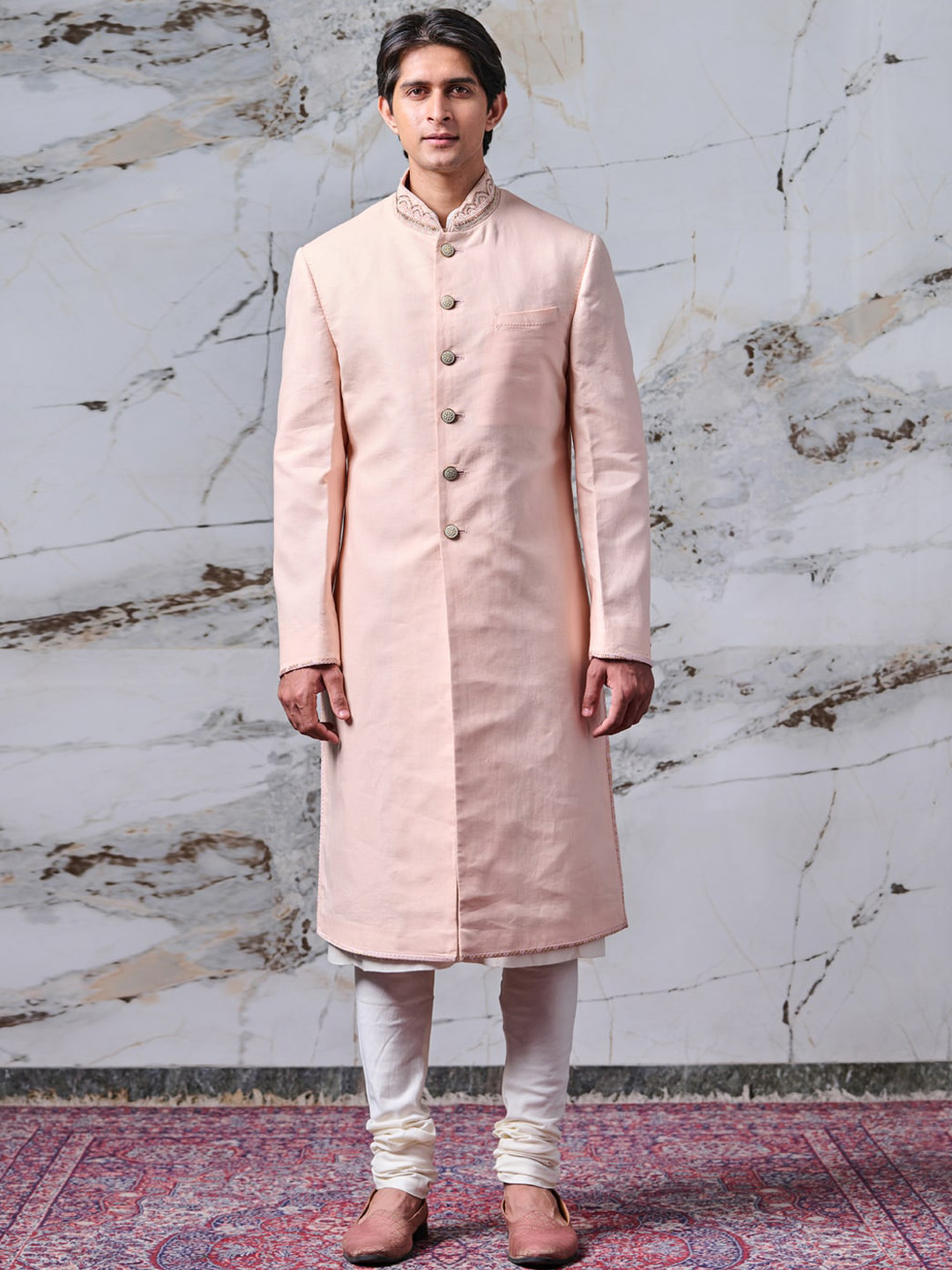 Tasva Men Peach Solid Cotton Sherwani