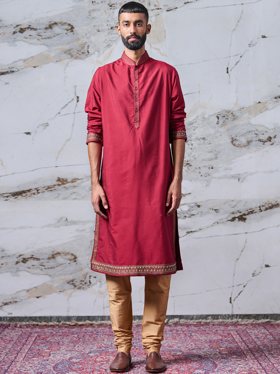 Tasva Men Maroon & Gold Kurta with Churidar