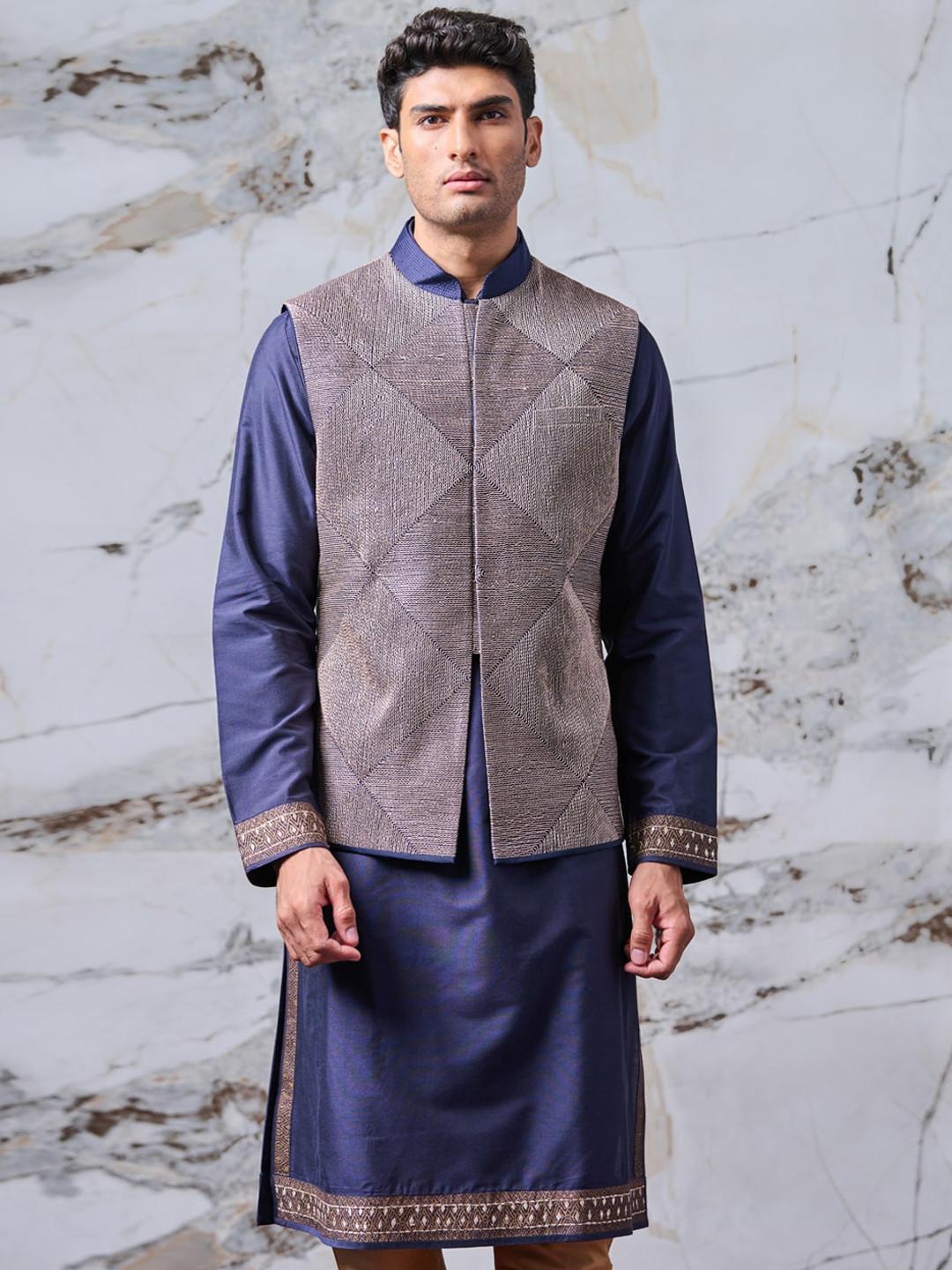Tasva Men Grey Woven Design Nehru Jacket