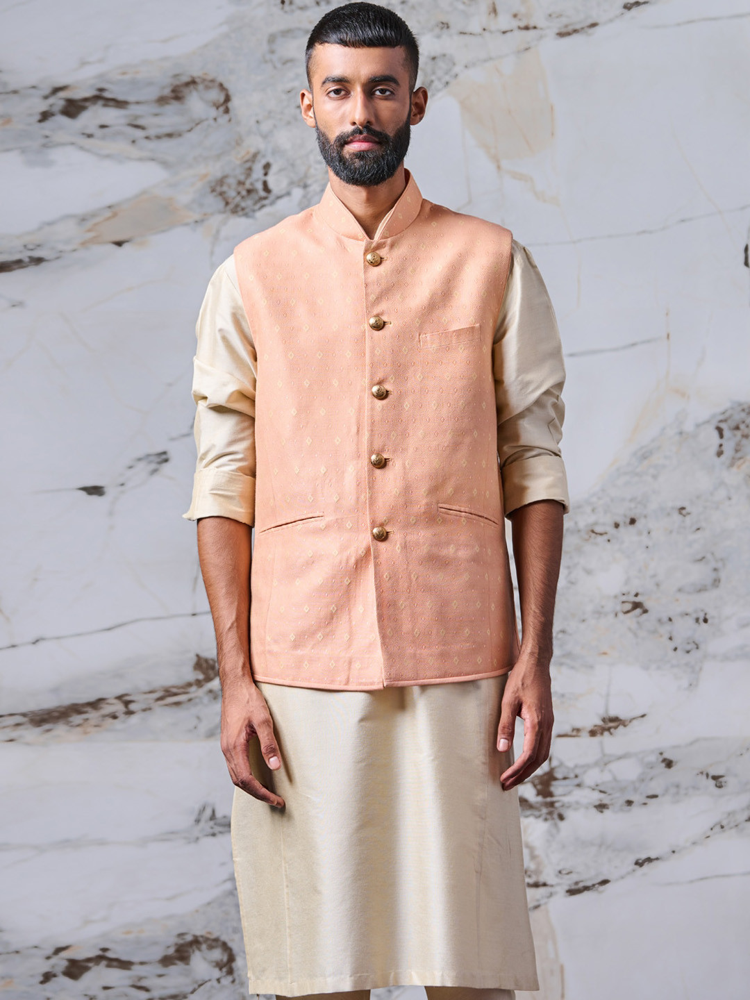 Tasva Men Woven Design Peach Nehru Jacket