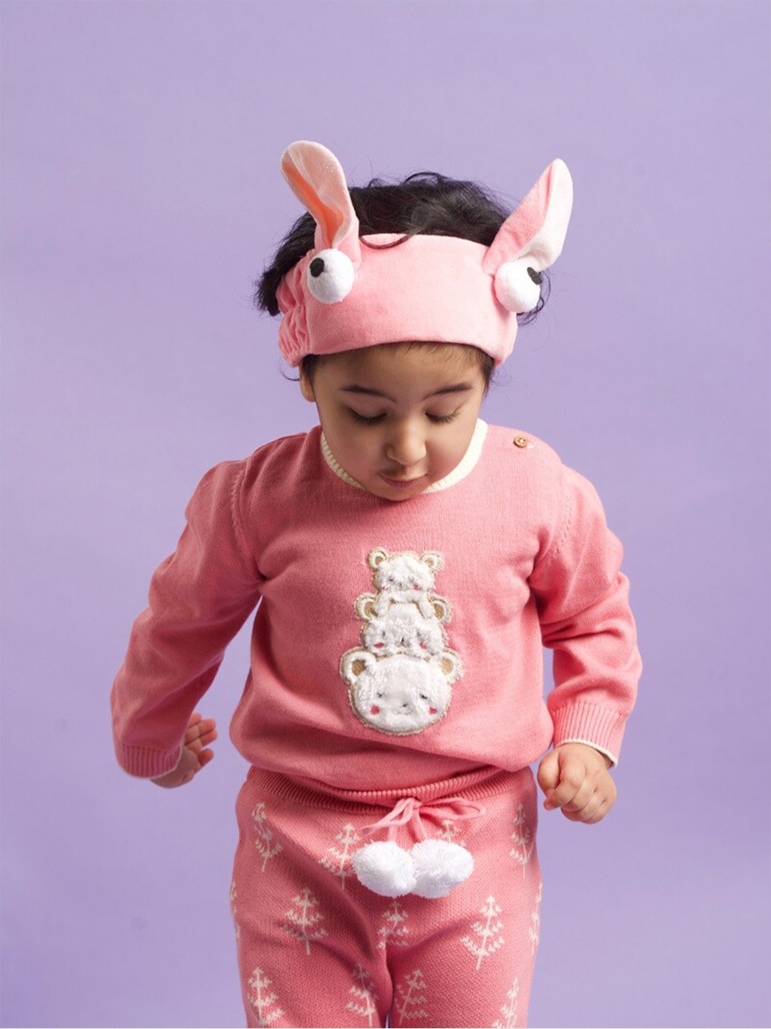 Greendeer Unisex Kids Pink & White Cable Knit Pullover with Applique Detail