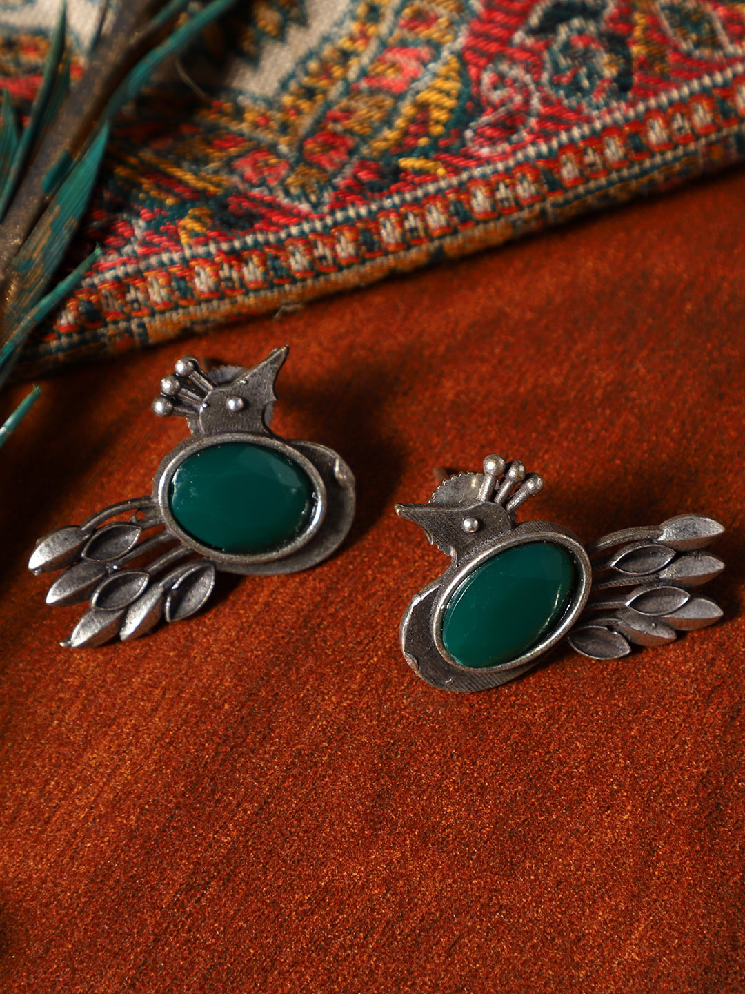 VENI Green Peacock Shaped Oxidised Studs Earrings