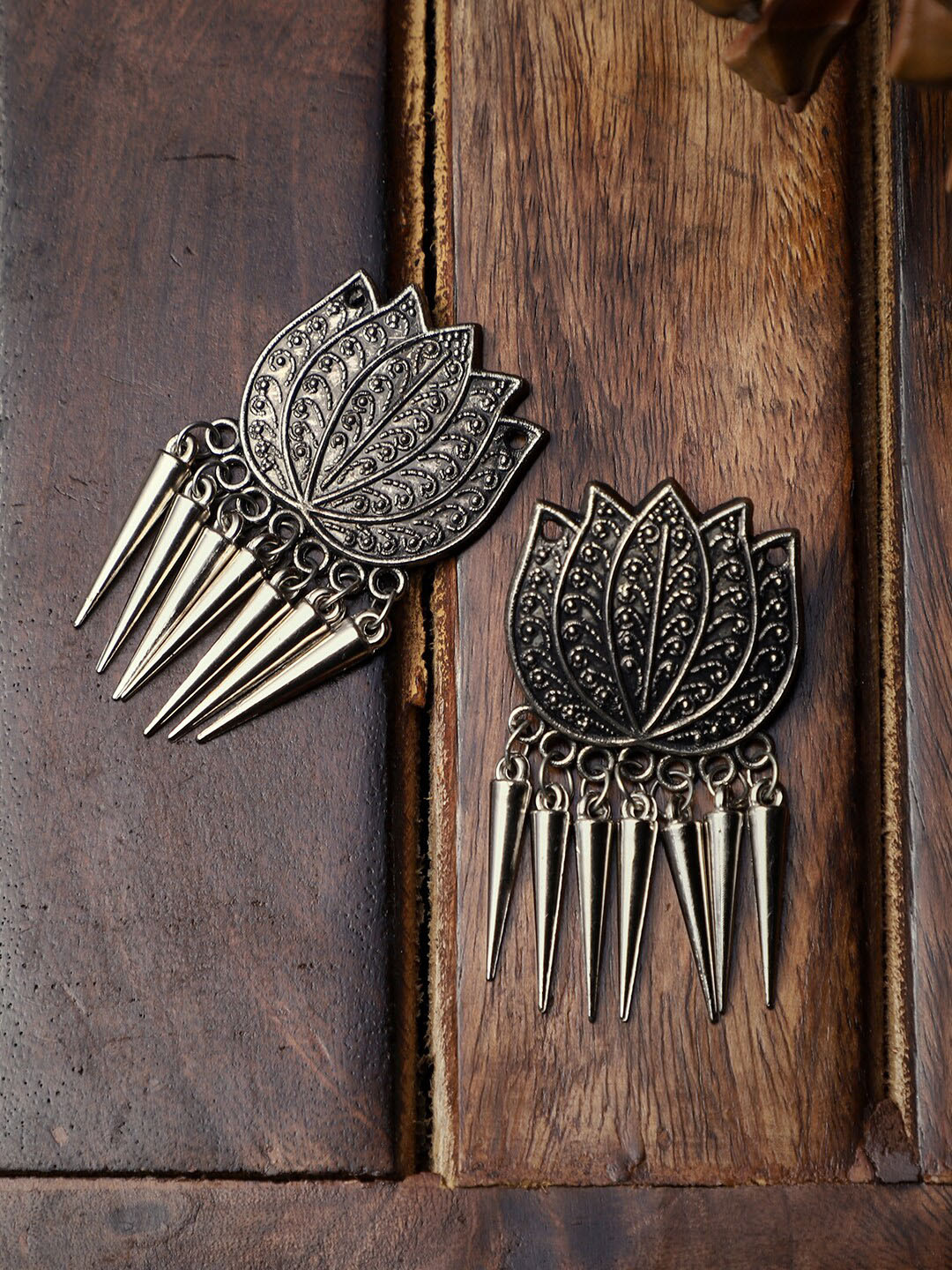 VENI Silver-Plated Oxidised Lotus Drop Earrings
