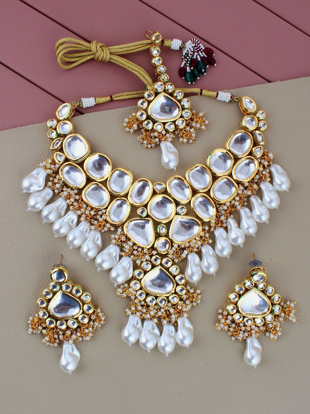 LUCKY JEWELLERY White 18K Gold-Plated Kundan Party Set