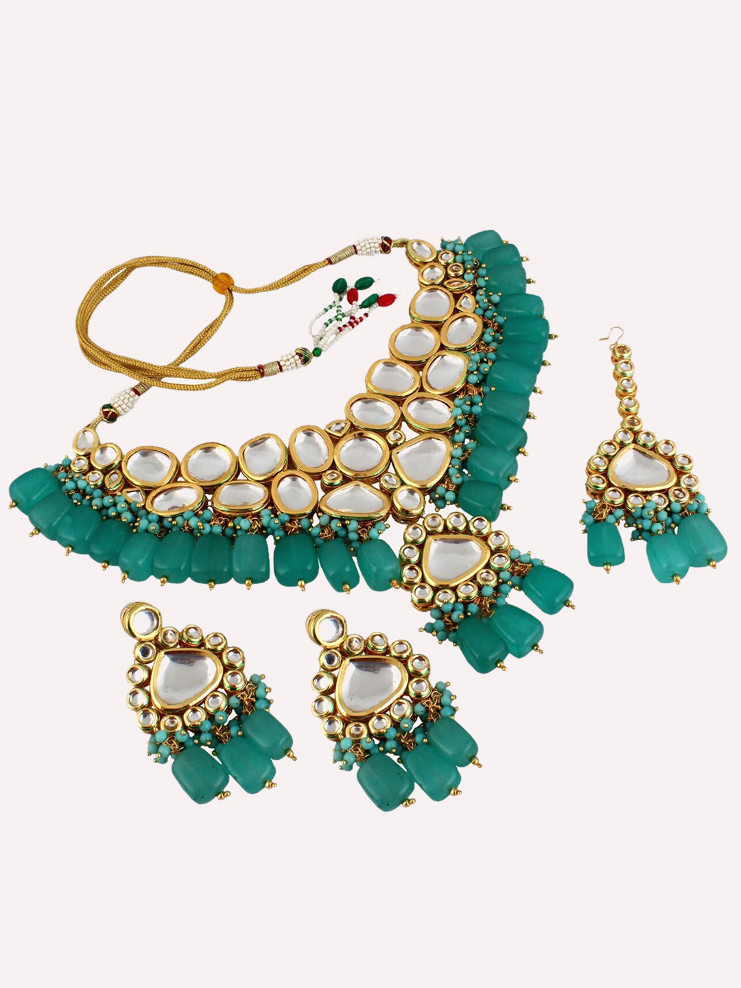 LUCKY JEWELLERY Gold-Plated Turquoise Blue Kundan-Studded & Beaded  Jewellery Set