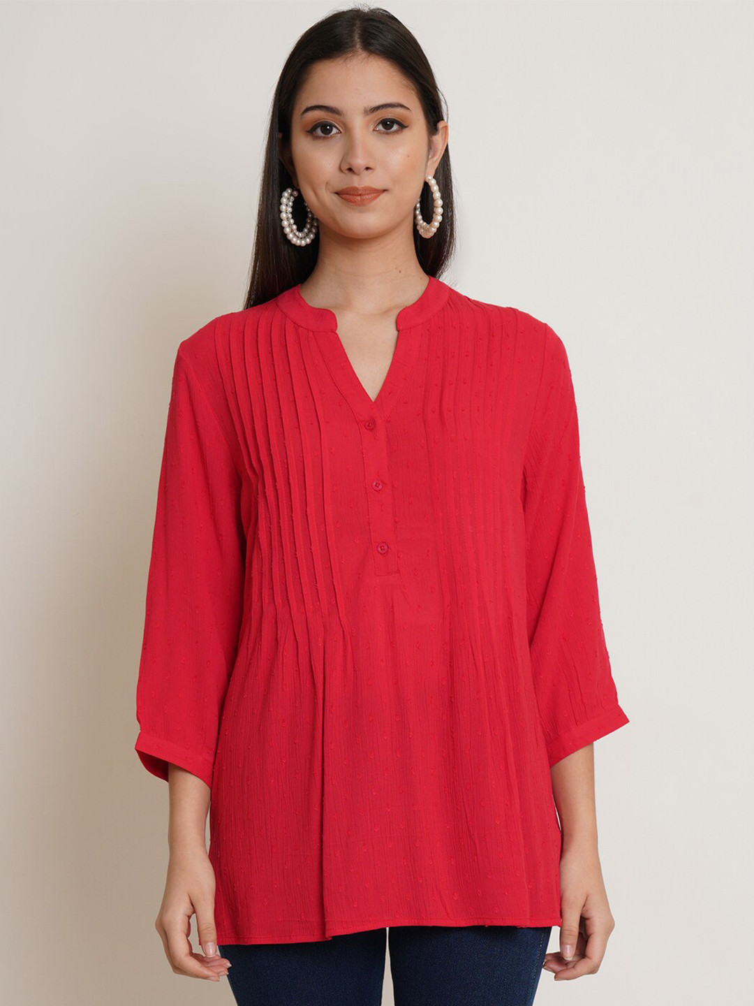 IX IMPRESSION Red Mandarin Collar Top