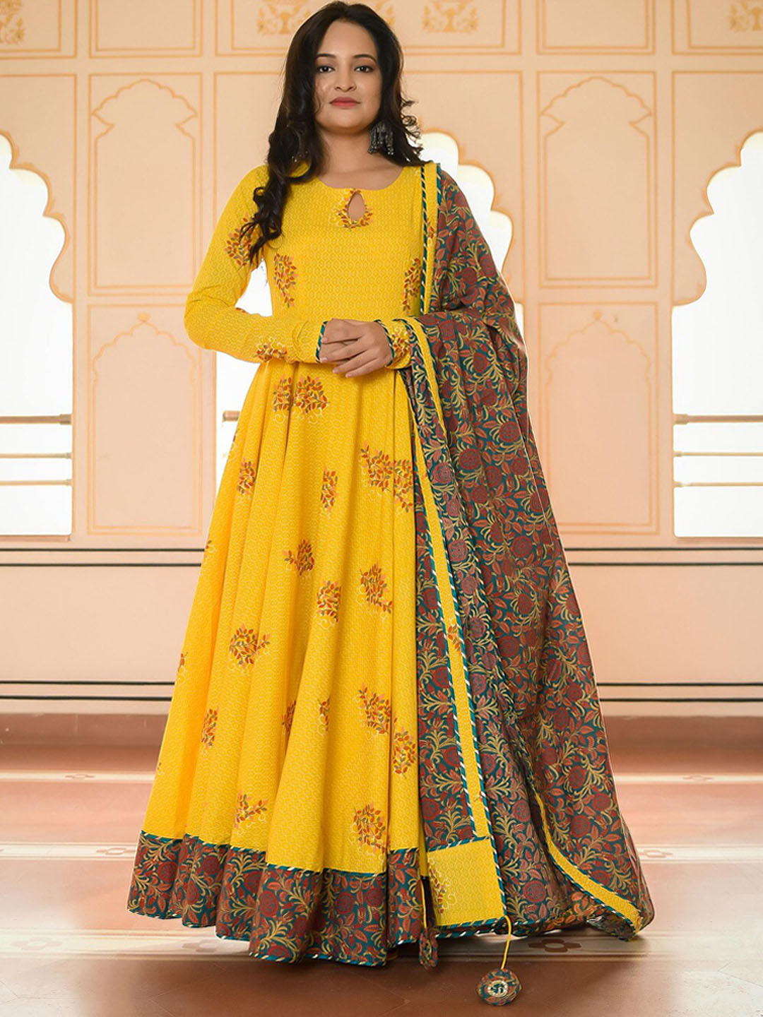 Indian Virasat Women Yellow & Green Ethnic Motifs Keyhole Neck Anarkali Kurta With Dupatta