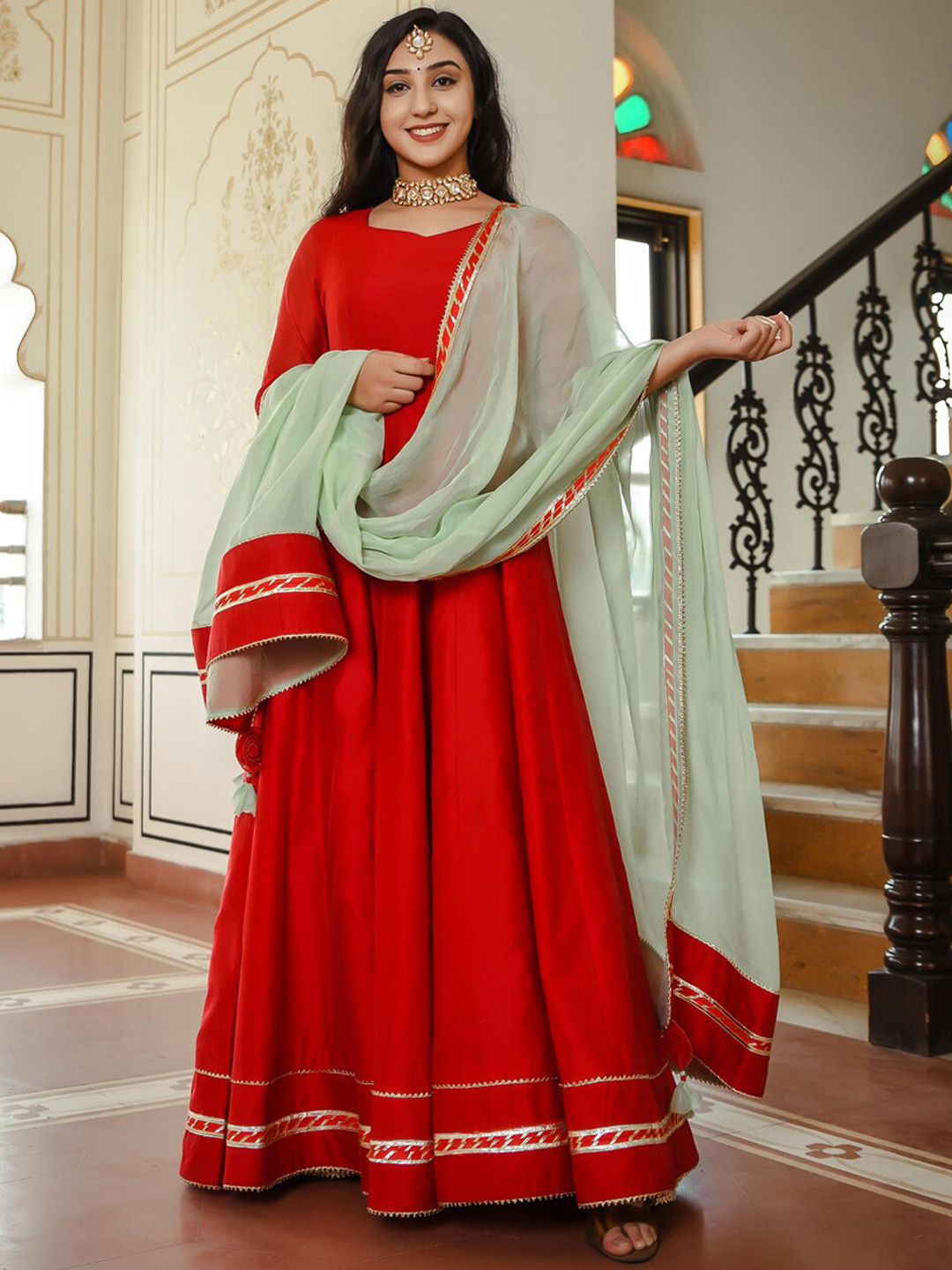 Indian Virasat Women Red Chanderi Silk Kurta with Trousers & Dupatta Set