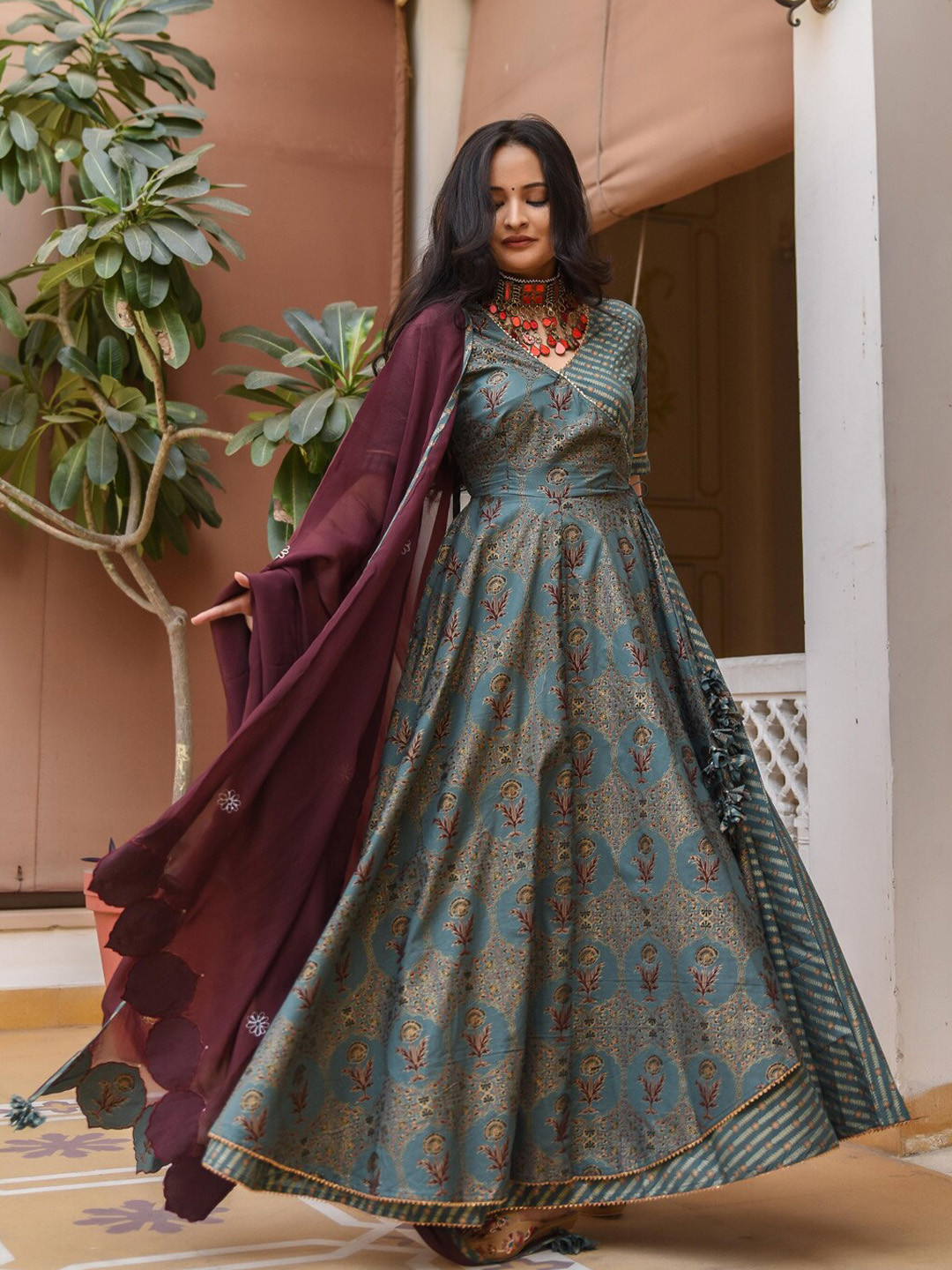 Indian Virasat Women Teal Floral Printed Pure Cotton Kurta with Trousers & With Dupatta