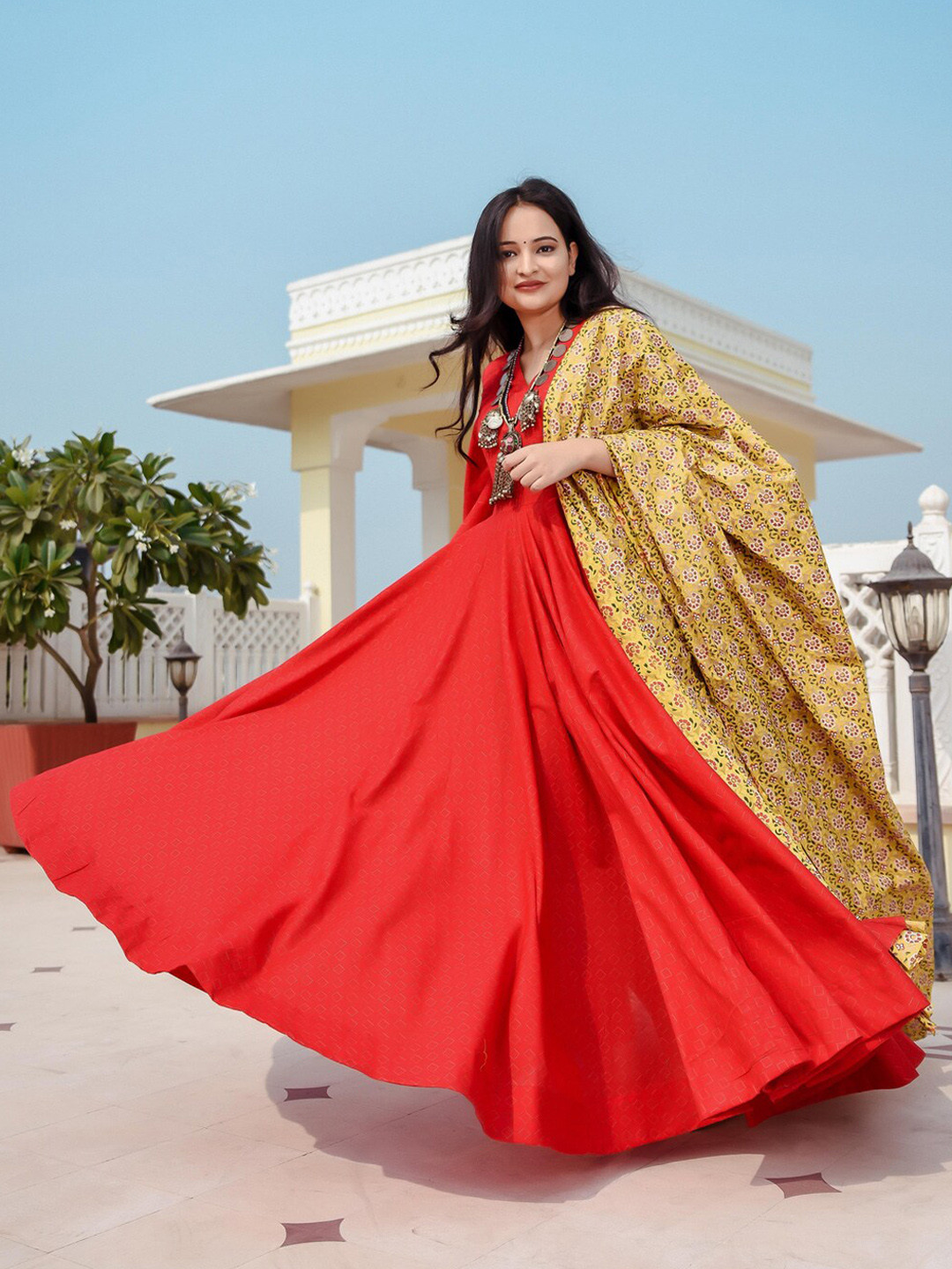 Indian Virasat Women Red Printed Pure Cotton Kurta with Trousers & Dupatta