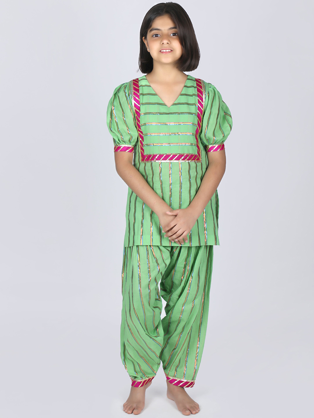 Little Musketeer Girls Green Patchwork Pure Cotton Kurti with Salwar