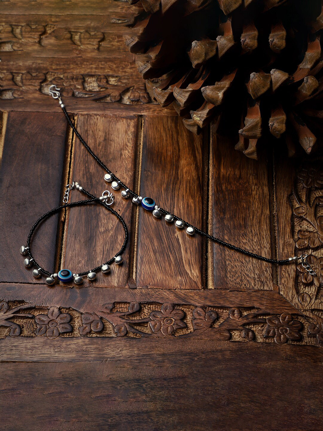 VENI Oxidized Silver-Plated Black Beaded Evil Eye Anklet