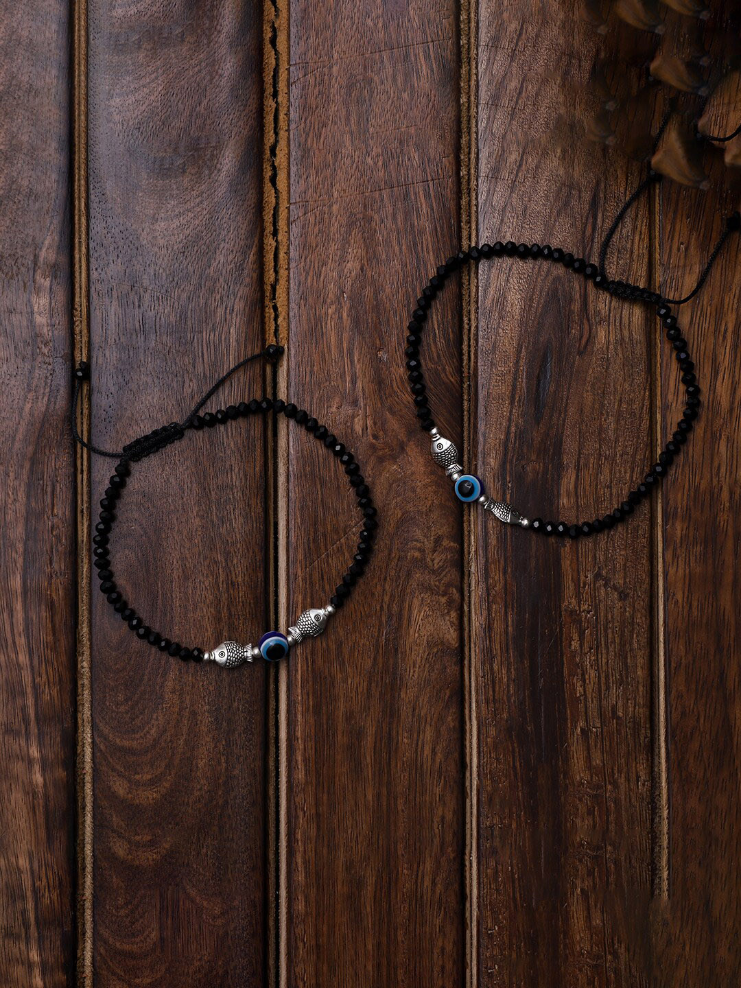 VENI Women Set Of 2 Silver-Plated & Black Beaded Evil Eye Anklets