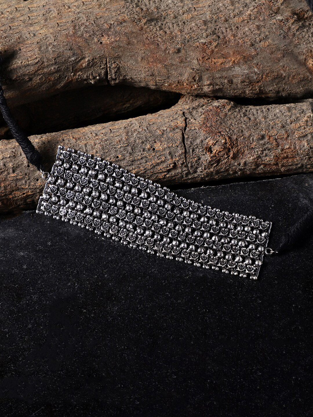 VENI Women Silver-Plated & Black Brass Oxidzed Choker Necklace