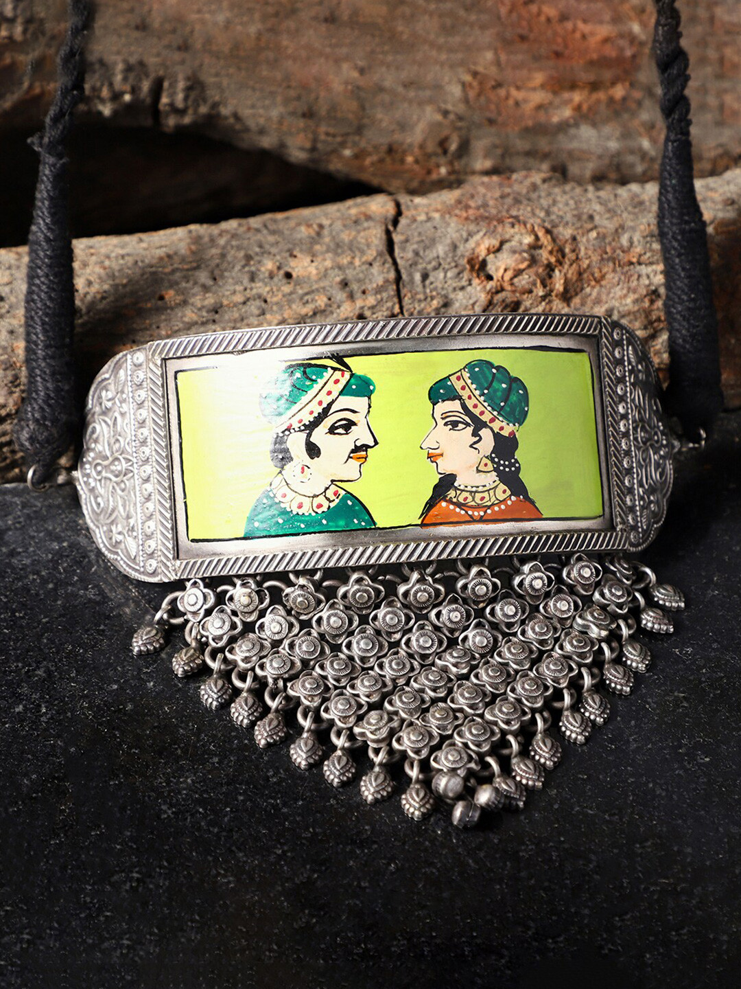 VENI Green Brass Silver-Plated Oxidised Necklace