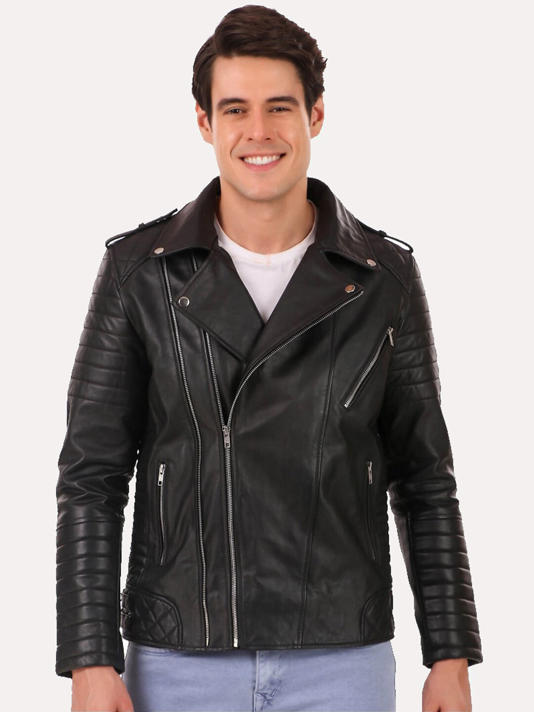 Leather Retail Men Black Leather Outdoor Biker Jacket