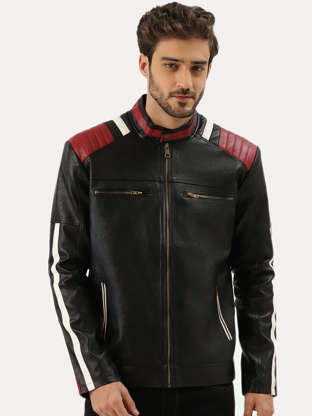 Leather Retail Men Black Outdoor Biker Jacket with Patchwork