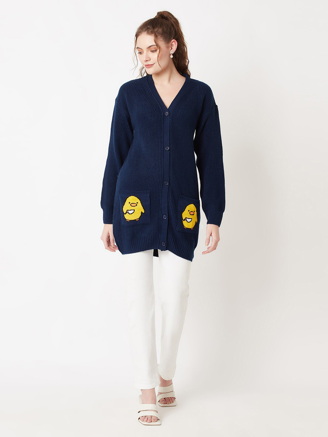 Miramor Women Blue & Yellow Cable Knit Cardigan
