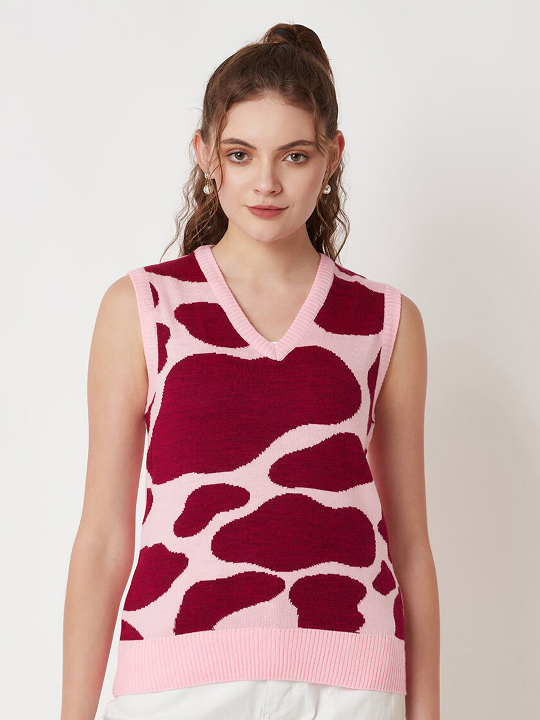 Miramor Women Pink & Maroon Printed Sweater Vest