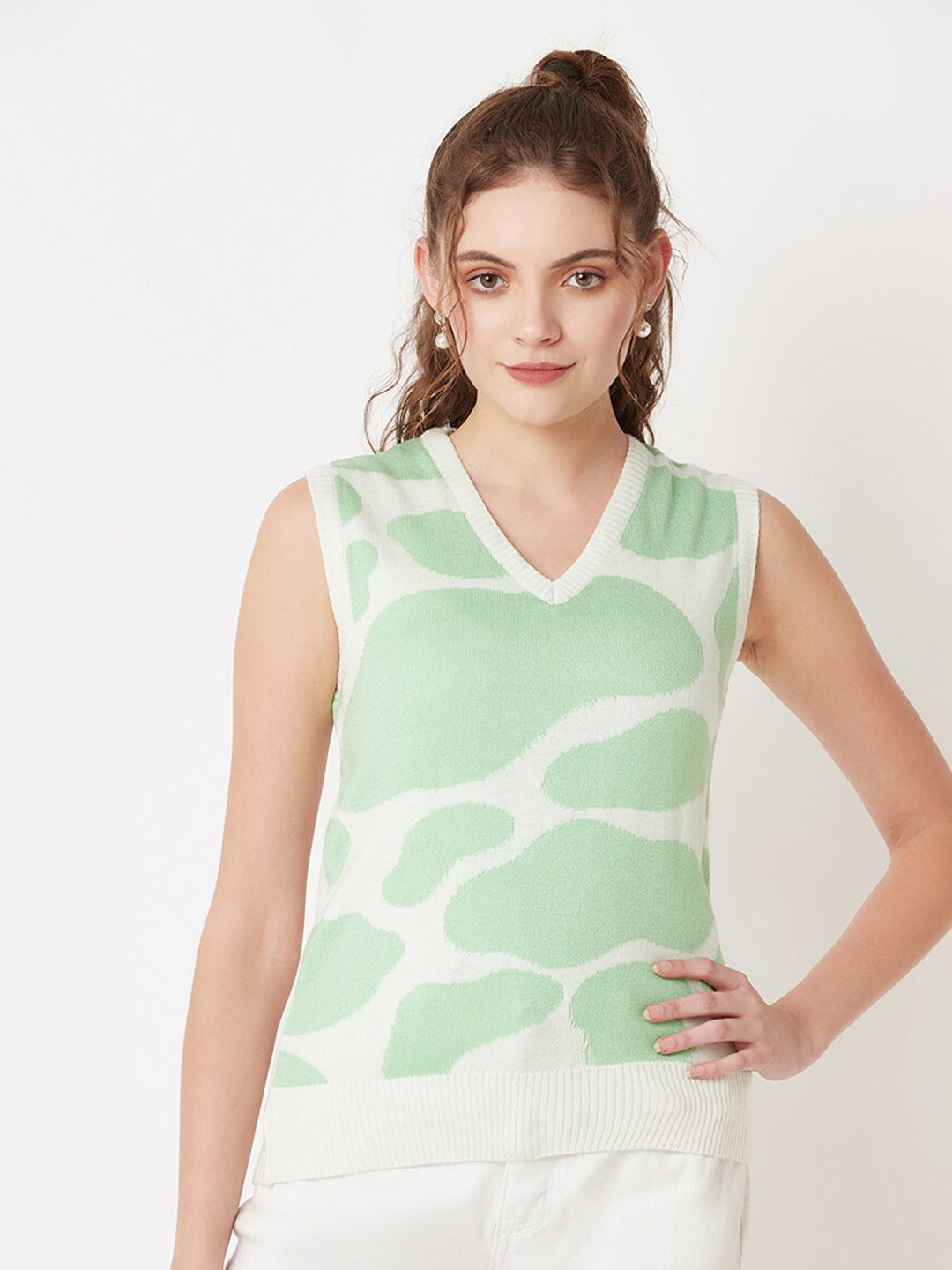 Miramor Women Lime Green & White Printed Sweater Vest