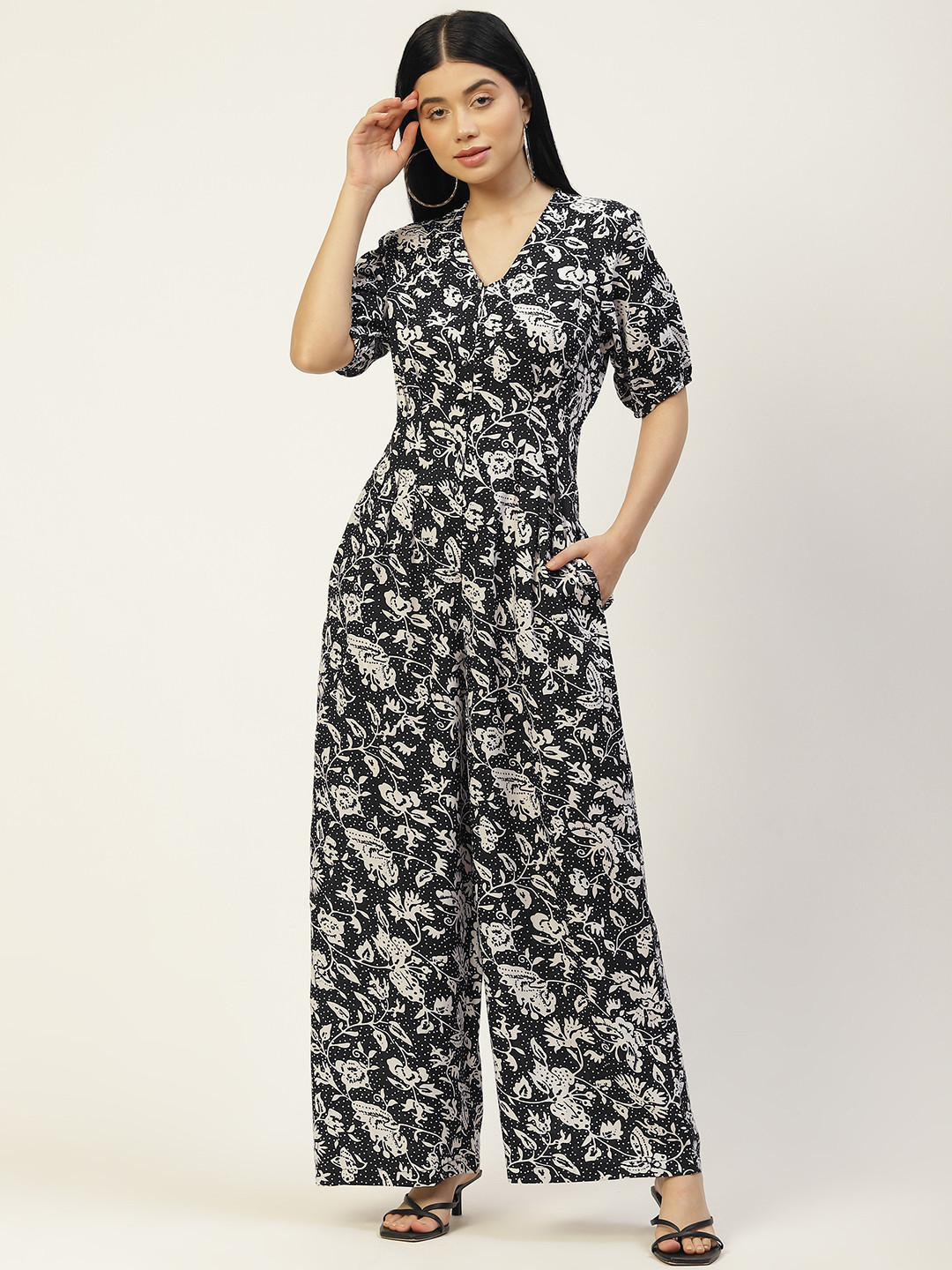 Rue Collection Black & Off White Printed Basic Jumpsuit