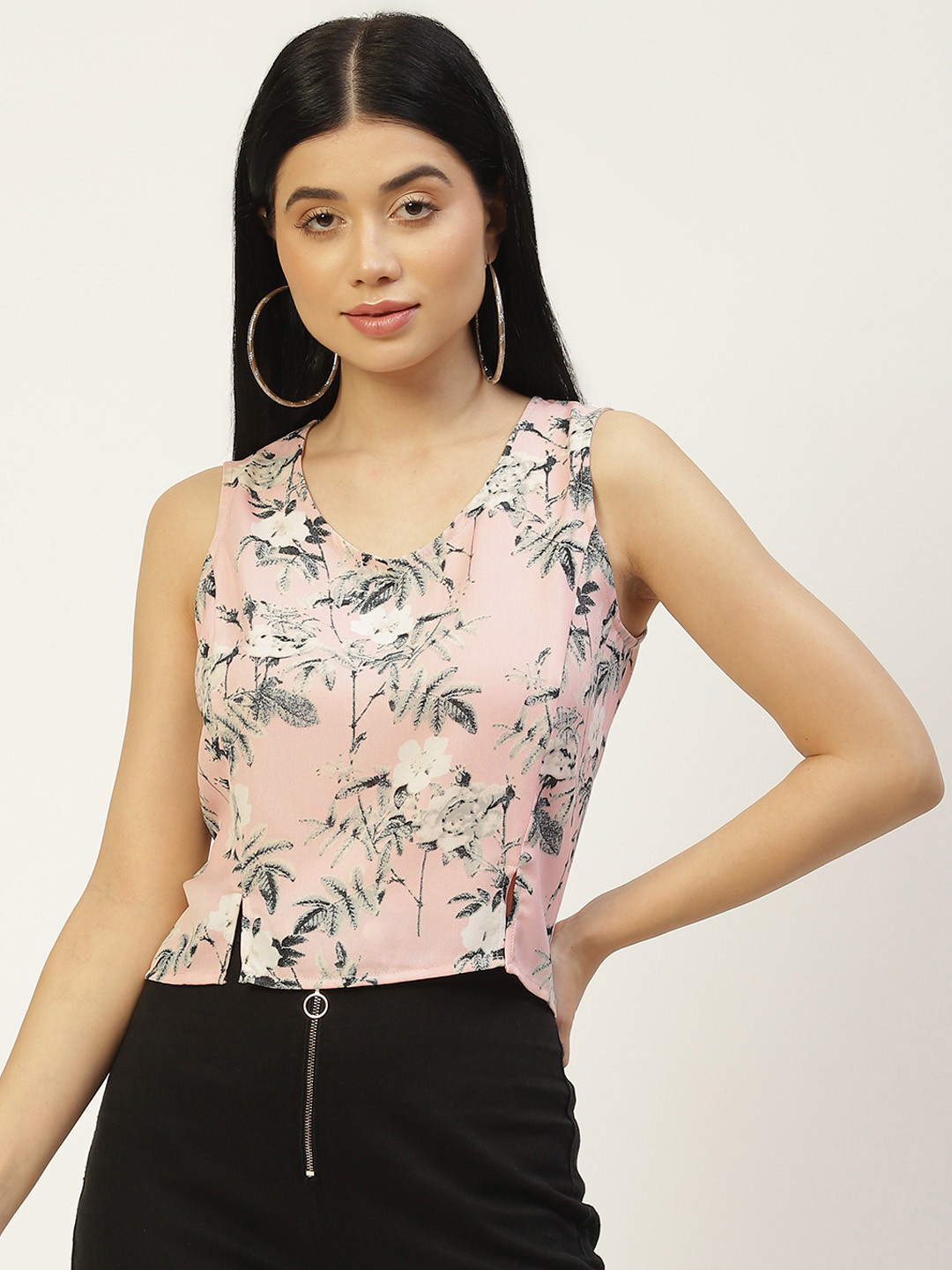 Rue Collection Pink & Grey Floral Print Crepe Crop Top