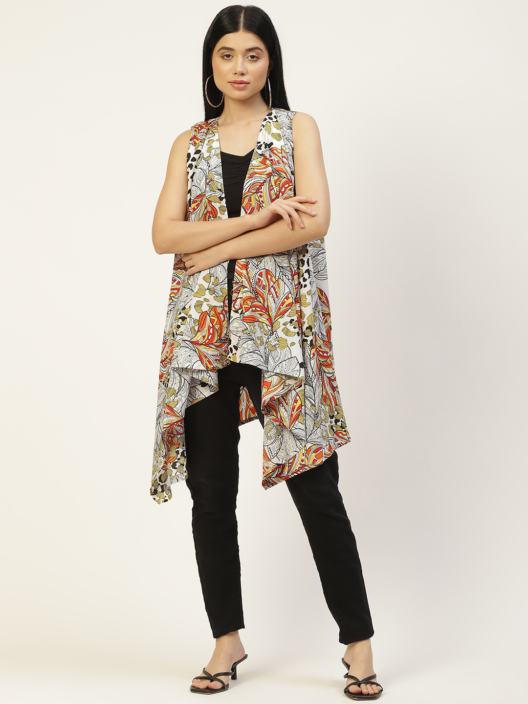 Rue Collection Women White & Red Printed Longline Waterfall Shrug