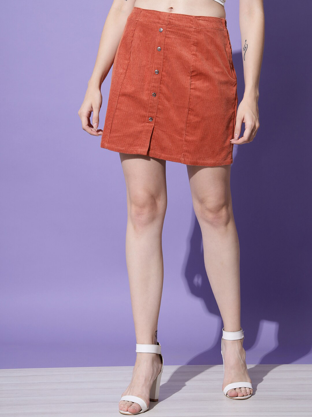 Trend Arrest Women Rust Solid Cordruoy Mini Skirt