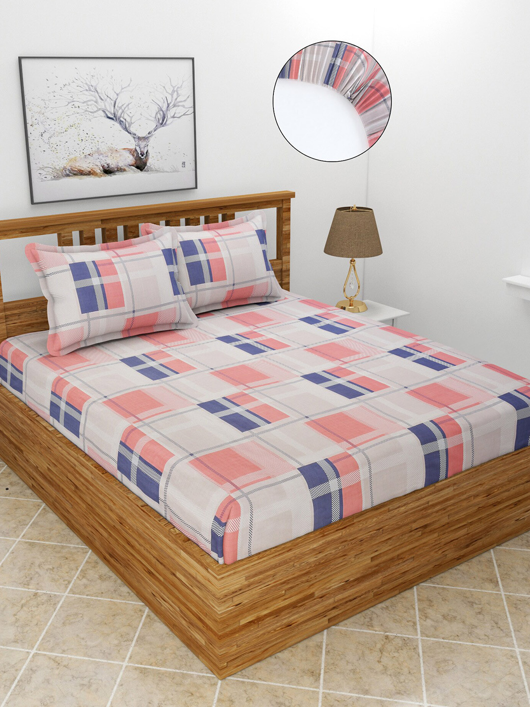 MORADO Saffron Beige Geometric Polycotton Skin-Friendly 180 TC Fitted King Fine Bedsheet with 2 Pillow Covers-78 x 72 inches