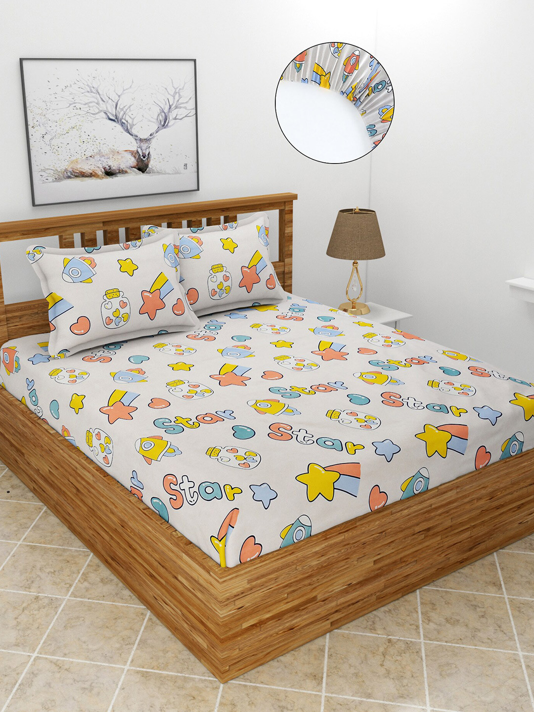 MORADO White Graphic Polycotton 210 TC Fitted Queen Fine Bedsheet with 2 Pillow Covers-78 x 72 inches