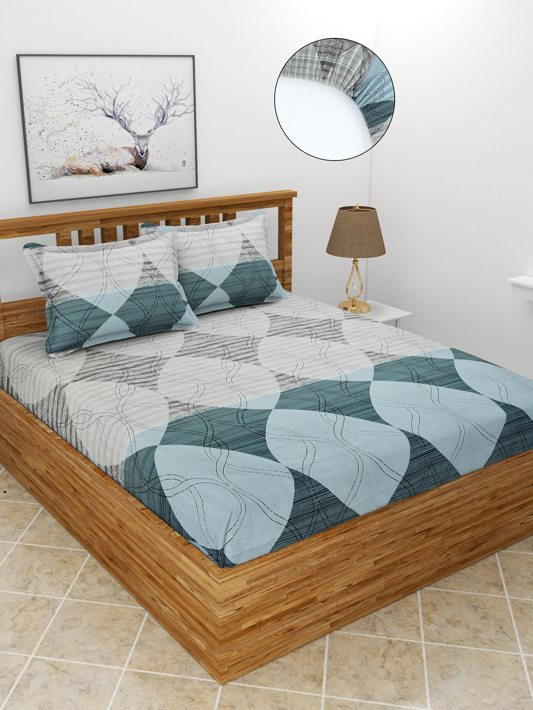 MORADO Flat_Saffron_Dbs Blue Abstract Polycotton 180 TC Fitted King Fine Bedsheet with 2 Pillow Covers-198 x 182 cm
