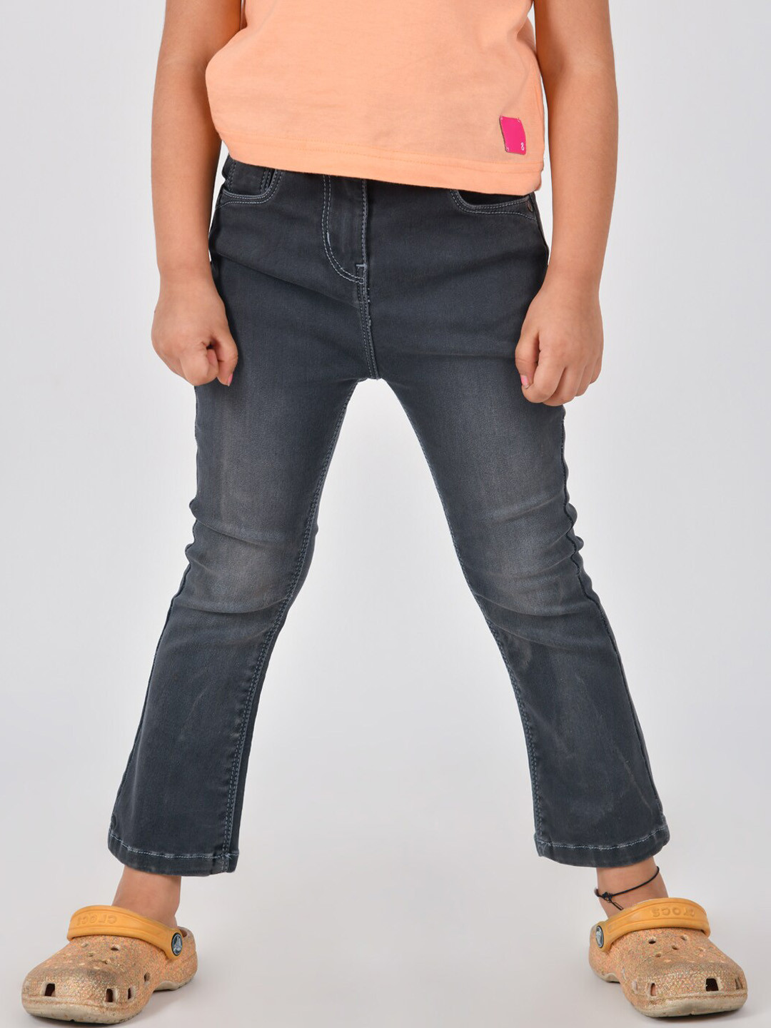 TALES & STORIES Girls Grey Bootcut Low Distress Light Fade Stretchable Jeans