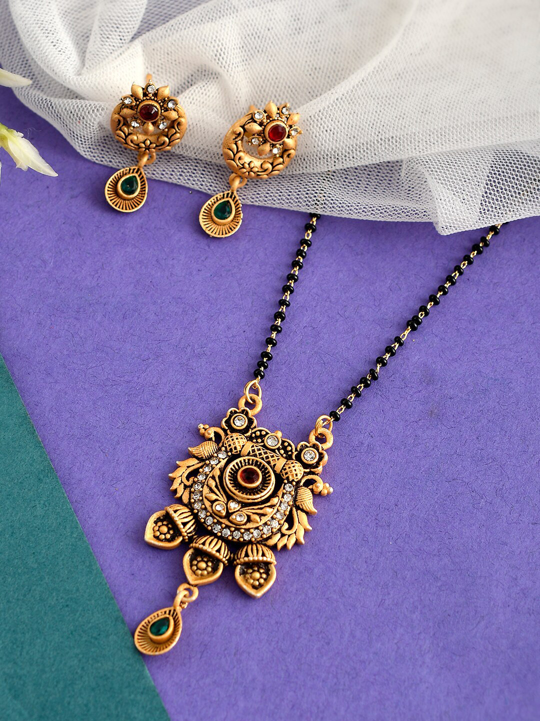 Silvermerc Designs Gold-Plated Red & Green Stone-Studded & Beaded Mangalsutra Set
