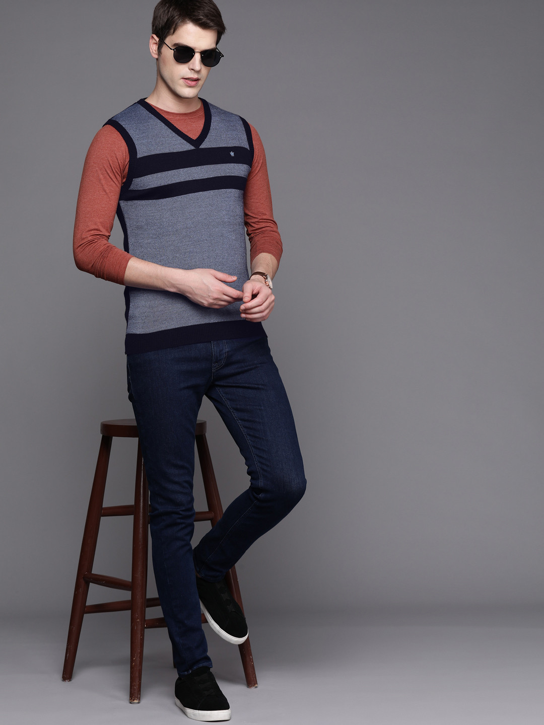 Louis Philippe Men Blue Striped Sweater Vest