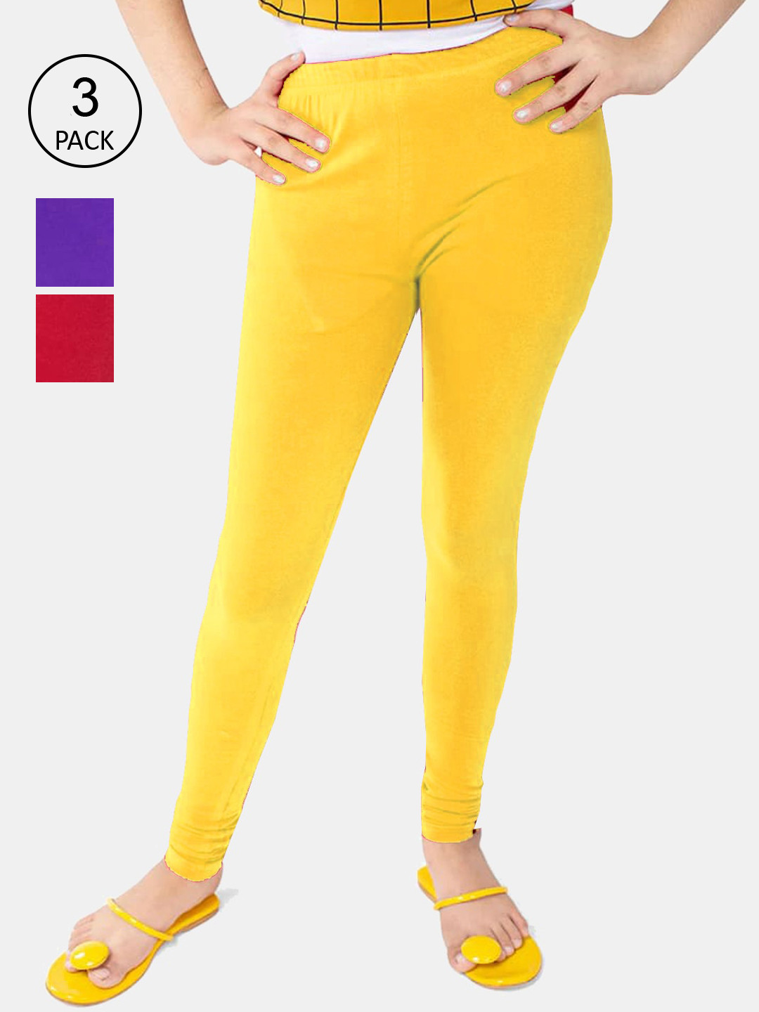 FRENCH KLEIDER Pack of 2 Girls Cotton  Red Solid Cotton Leggings