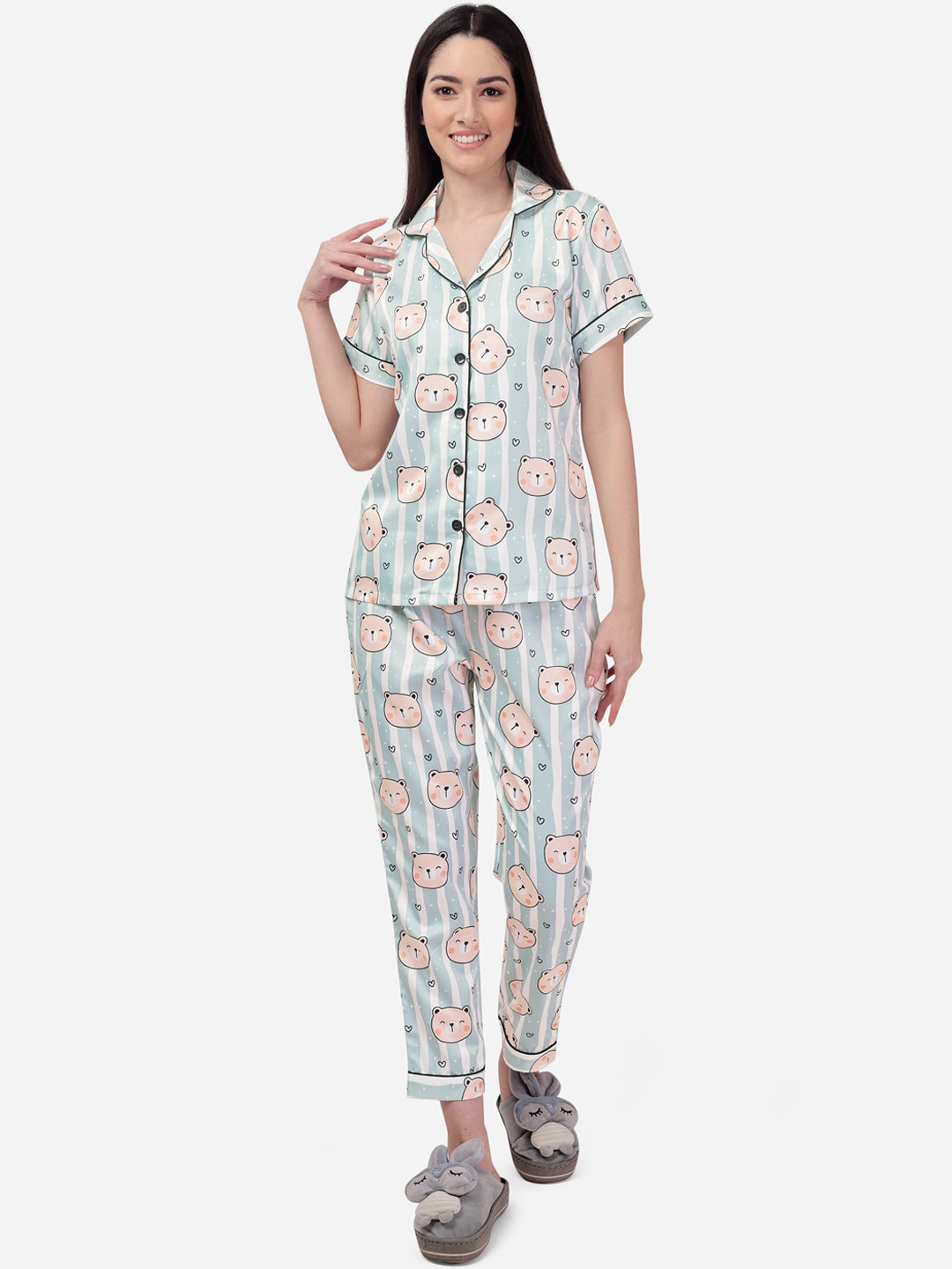 Fbella Women White & Grey Printed Night suit FNS-224A
