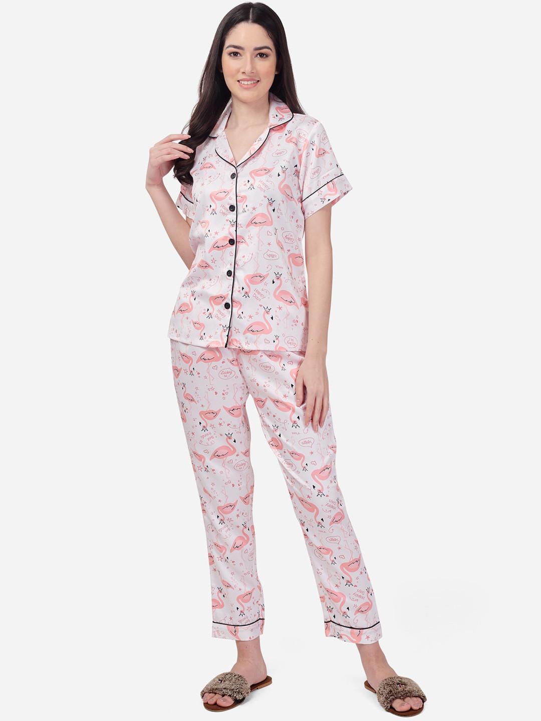 Fbella Women White & Peach-Coloured Printed Night suit