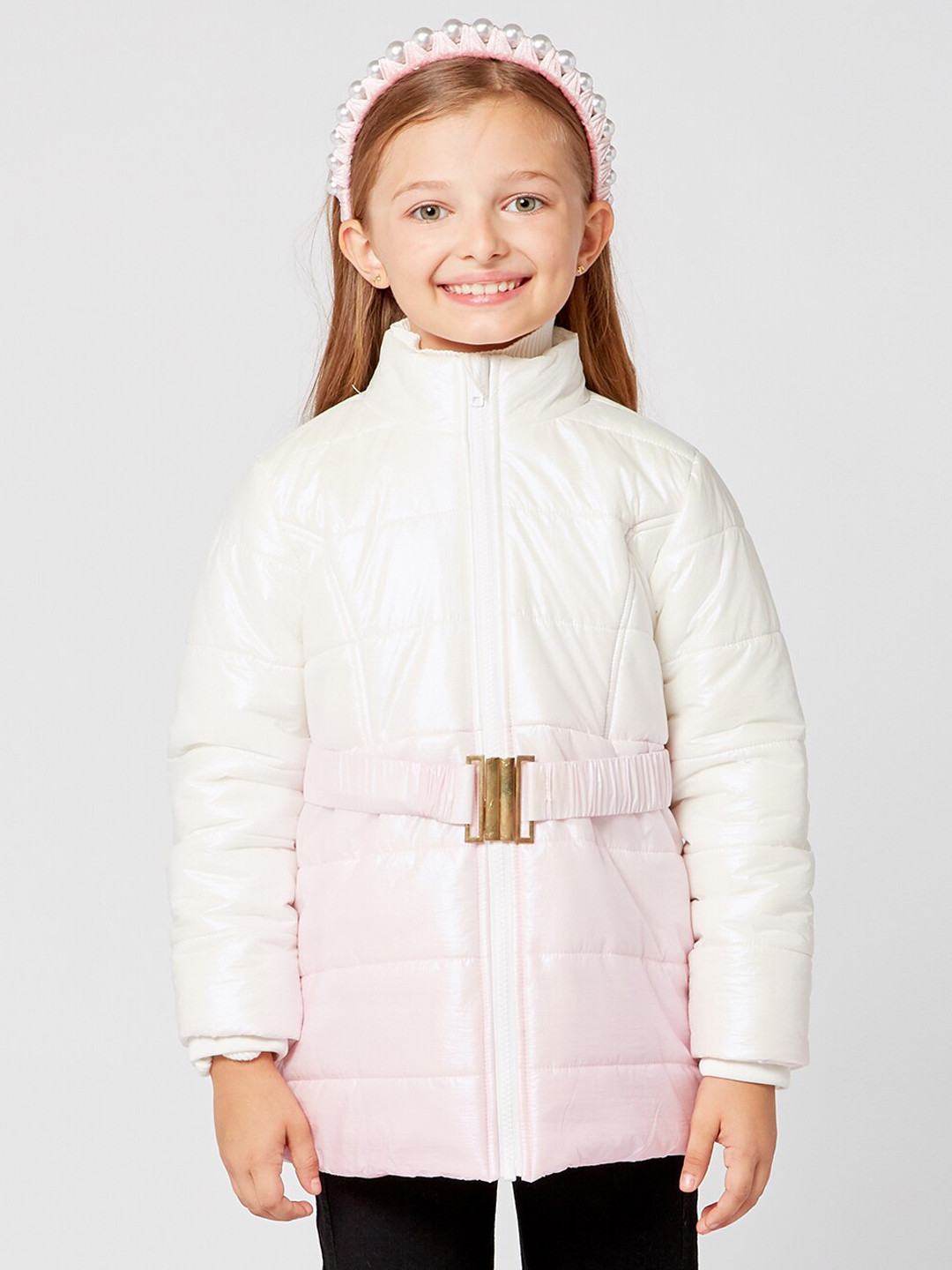 One Friday Girls Pink Off White Colourblocked Lightweight Longline Puffer Jacket