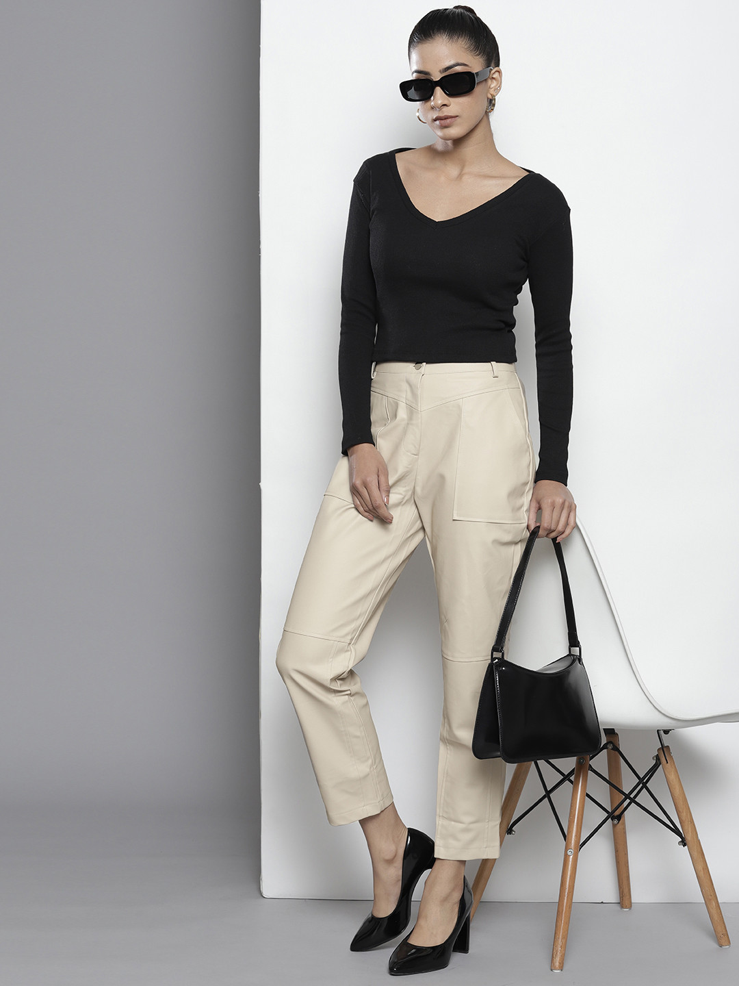 Trendyol Women Slim Fit High-Rise Faux Leather Cigarette Trousers