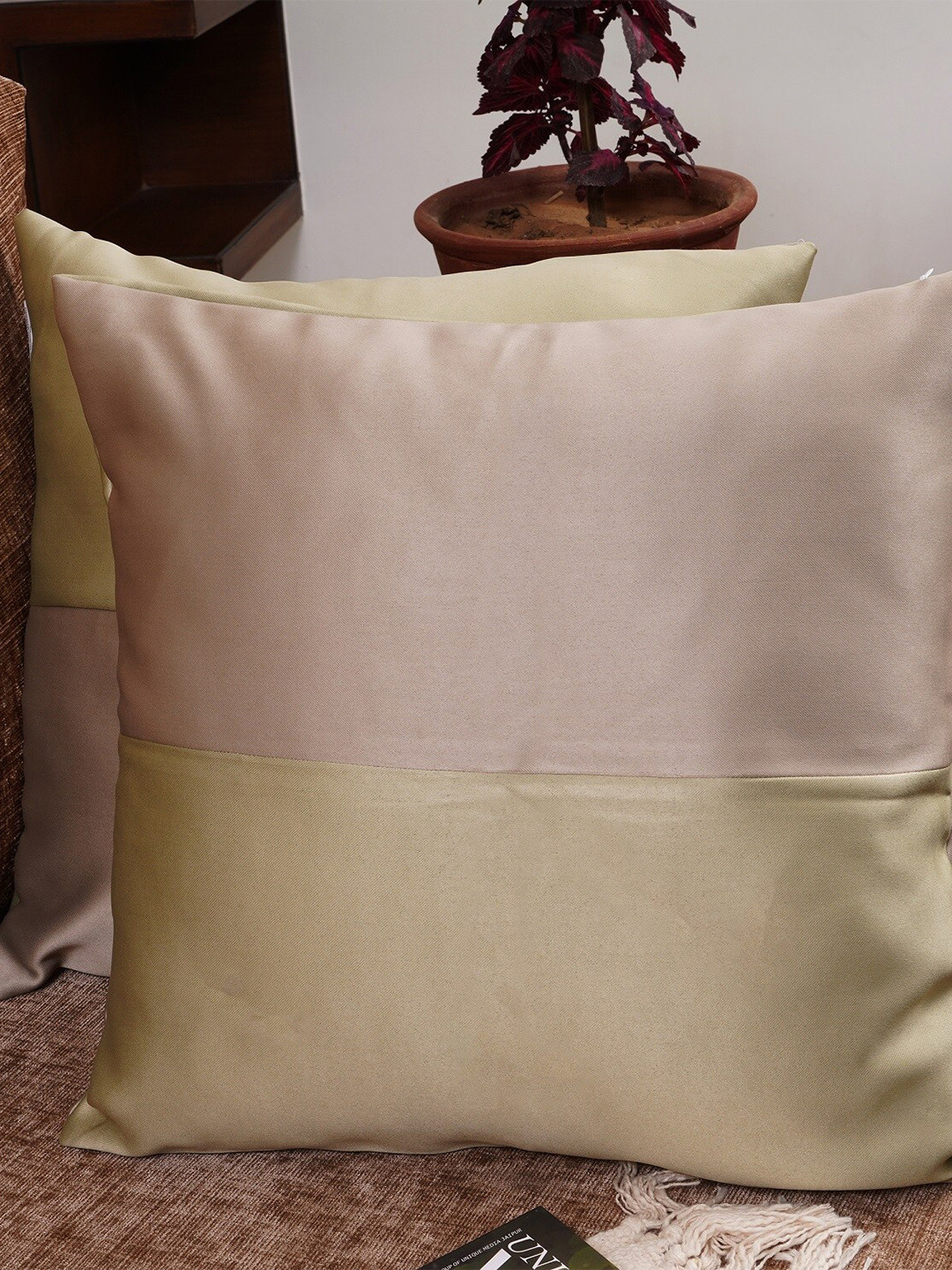 HOMEMONDE Set of 2 Beige & Olive Green Colourblocked Square Cushion Covers
