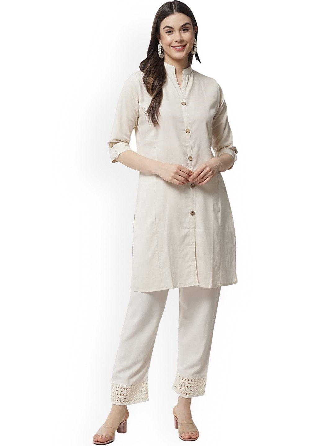 Vastraa Fusion Women Cream-Coloured Pure Cotton Kurti with Trousers
