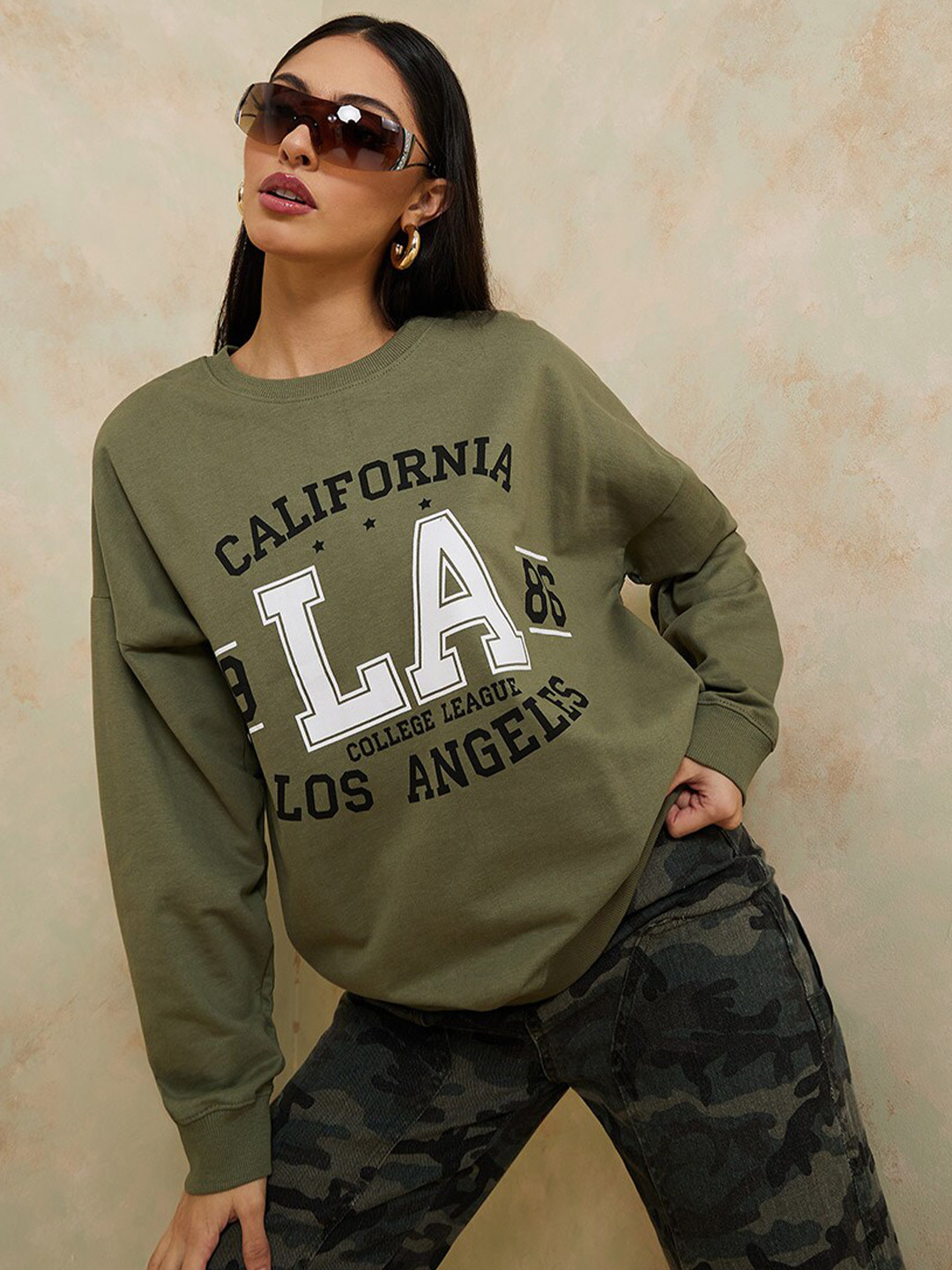 Styli Women Olive Green Slogan Print Oversized Longline Sweatshirt