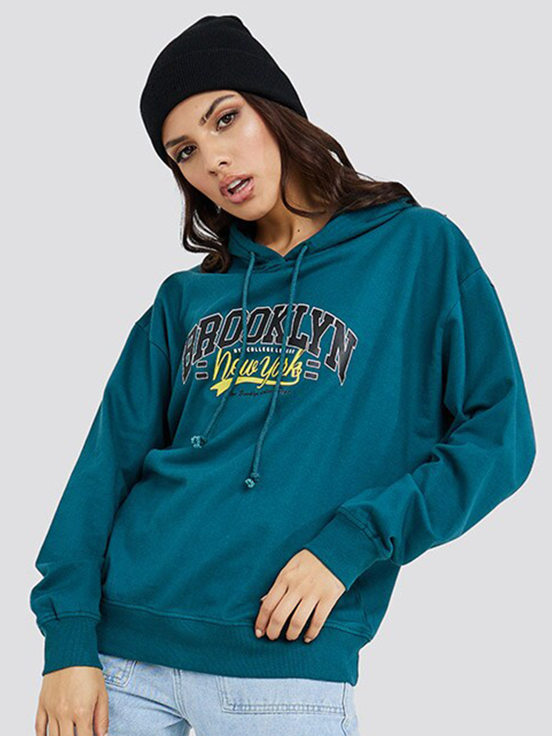 Styli Women Teal Brooklyn Print Regular Fit Hoodie Sweatshirt