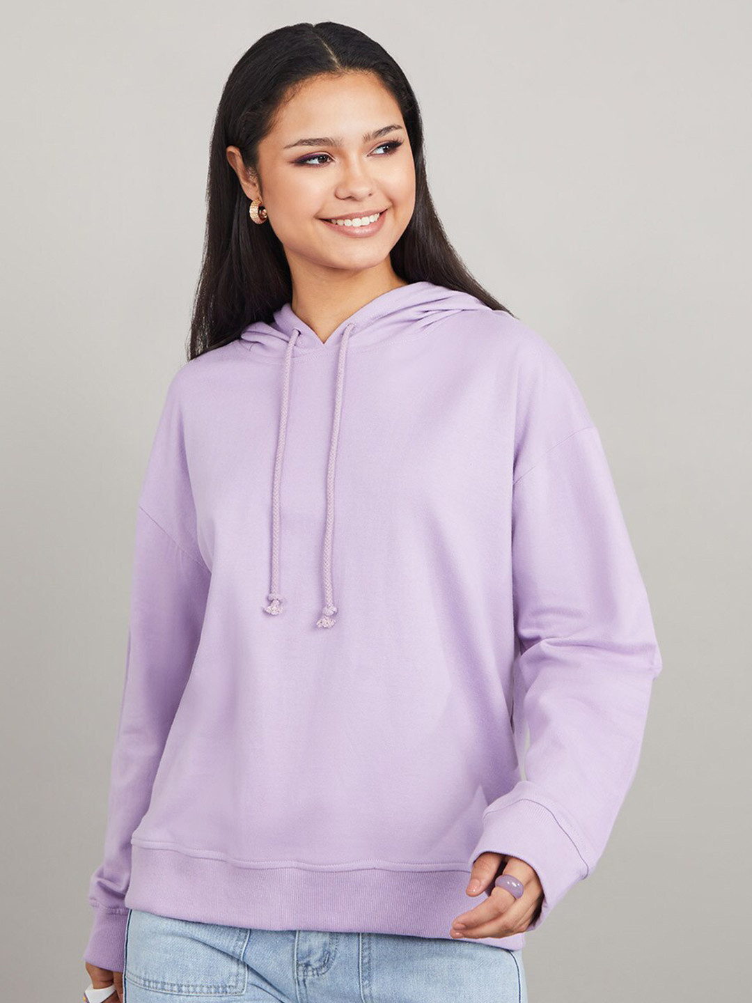 Styli Women Lavender Regular Length Drop Shoulder Regular Fit Hoodie
