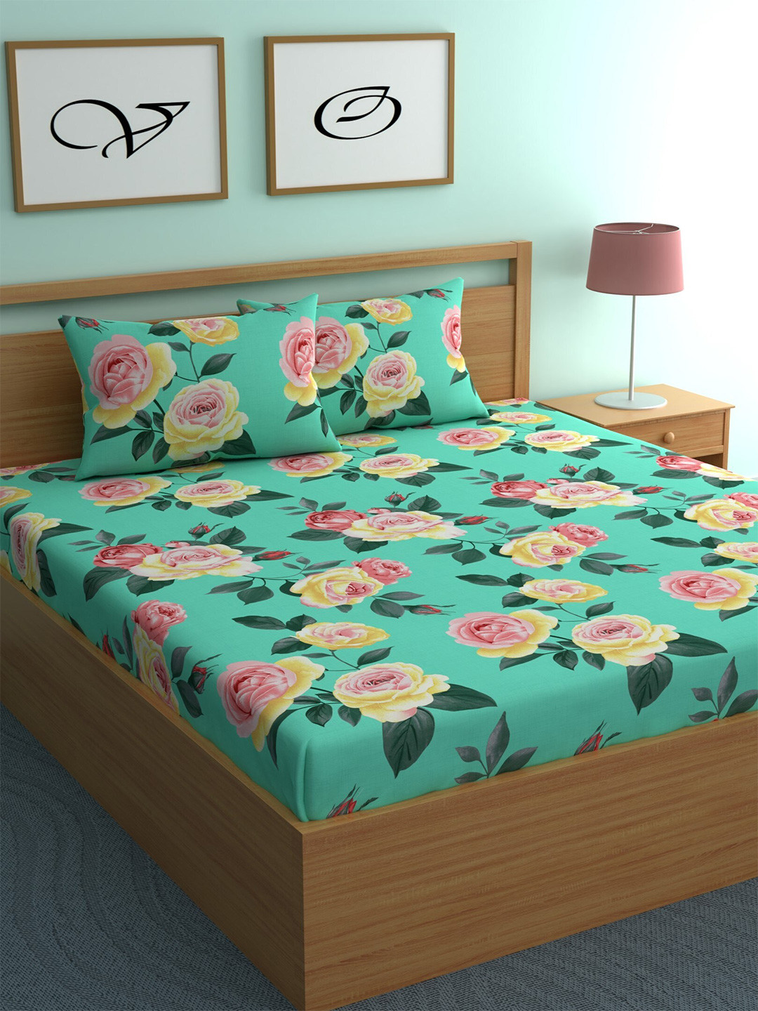 CHHAVI INDIA Sea Green & Pink Floral 210 TC Queen Bedsheet with 2 Pillow Covers