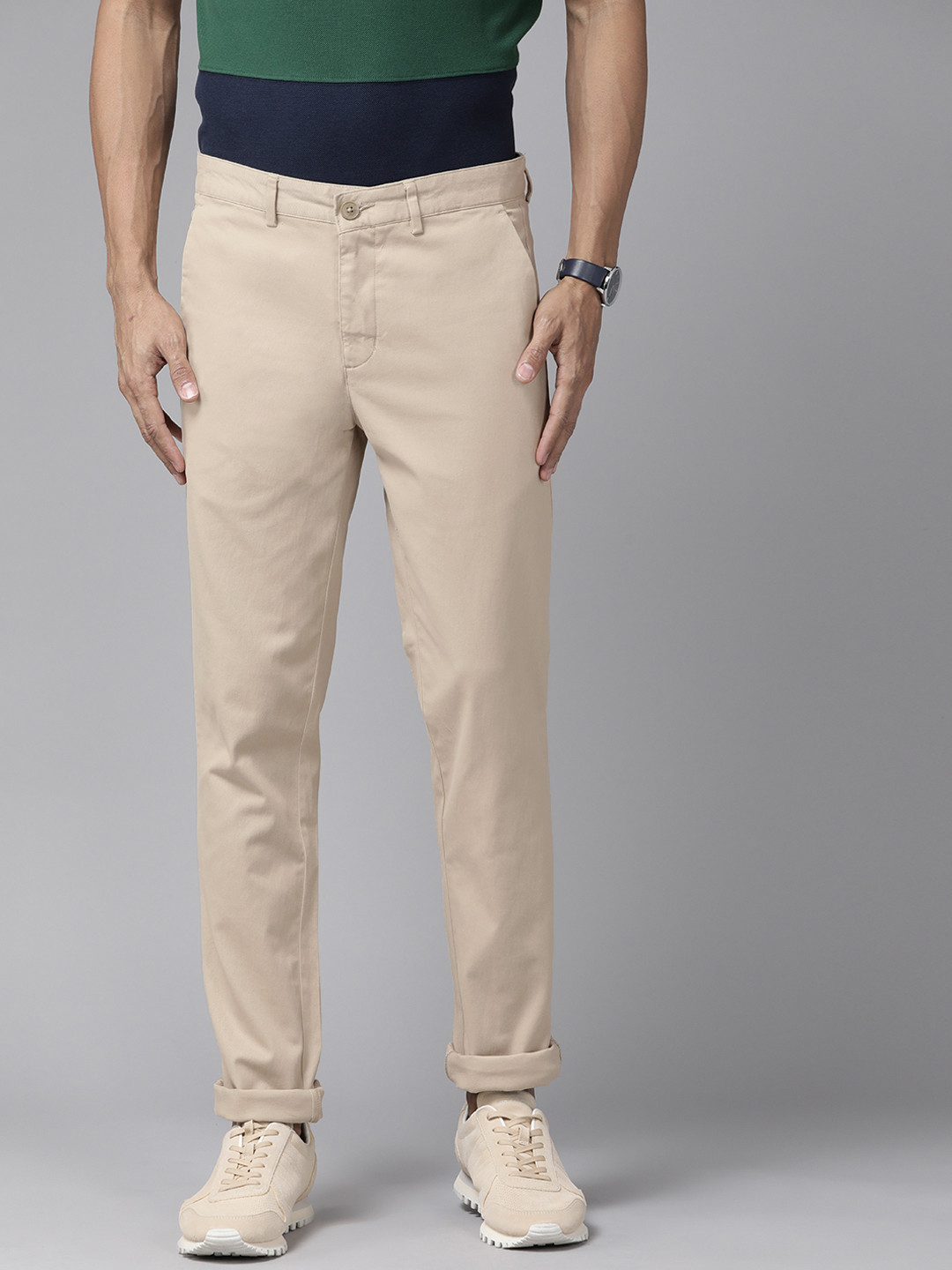 Park Avenue Men Beige Solid Regular Fit Casual Chinos Trousers