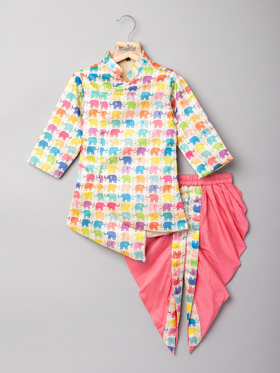 Maaikid Boys Cream-Coloured Ethnic Motifs Printed Kurta with Dhoti Pants