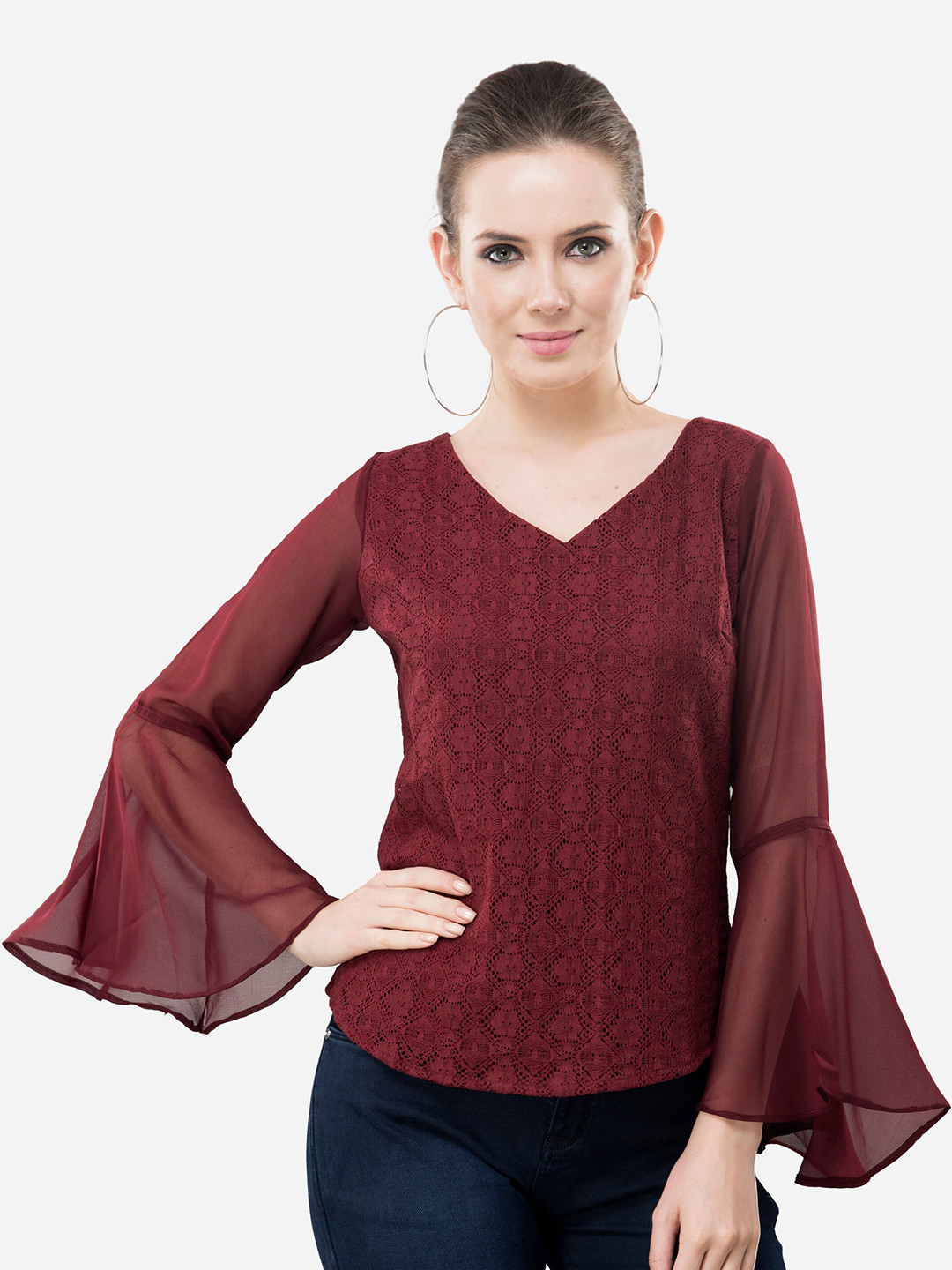 V&M Maroon Cotton Net V-Neck Bell Sleeves Top