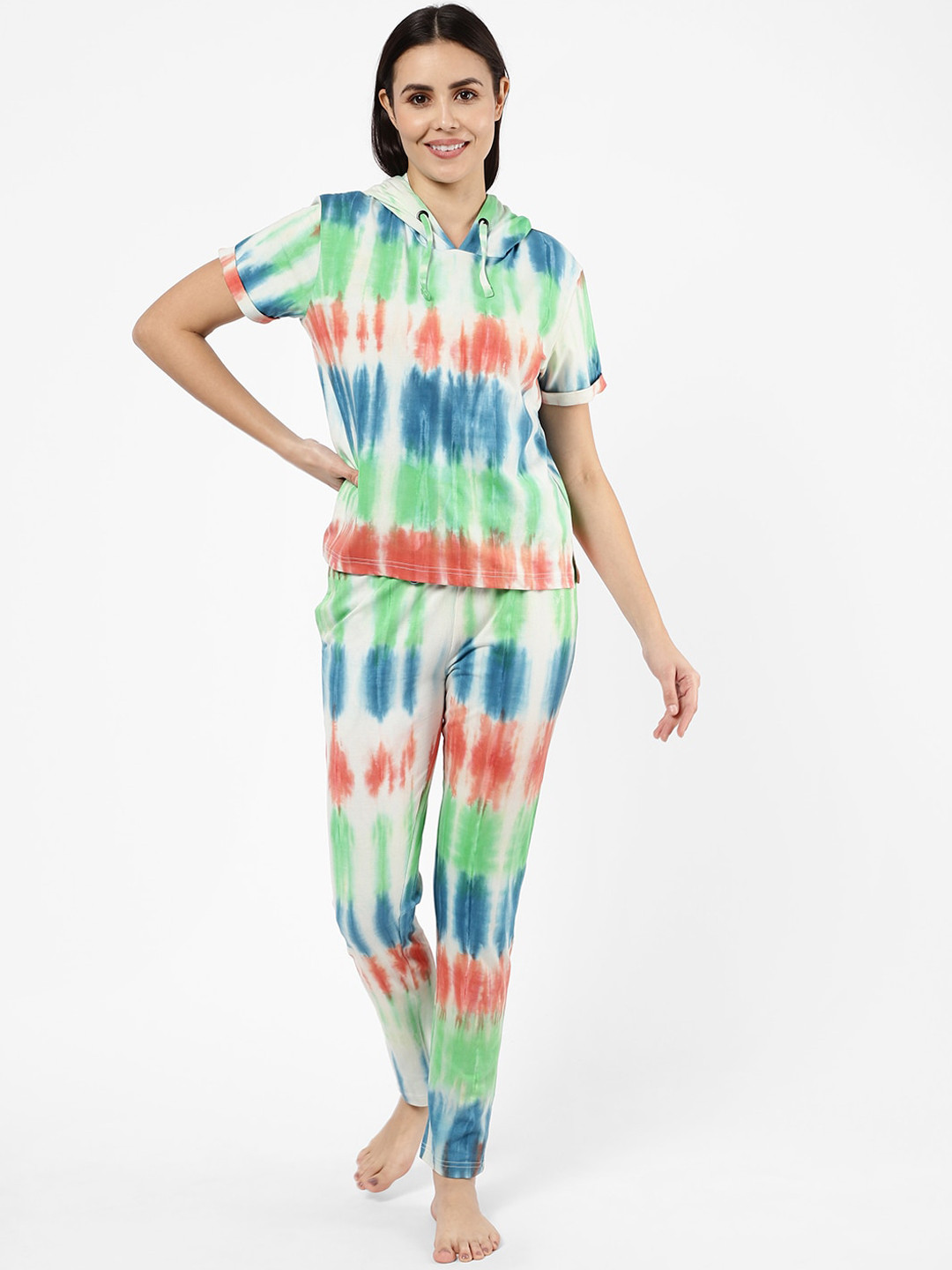 SDL by Sweet Dreams Women Blue & White Printed Tie & Dye Night suit